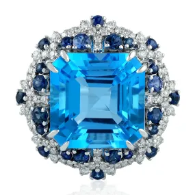 Prong Set Blue Topaz Sapphire Diamond 18k White Gold Cocktail Ring For Her