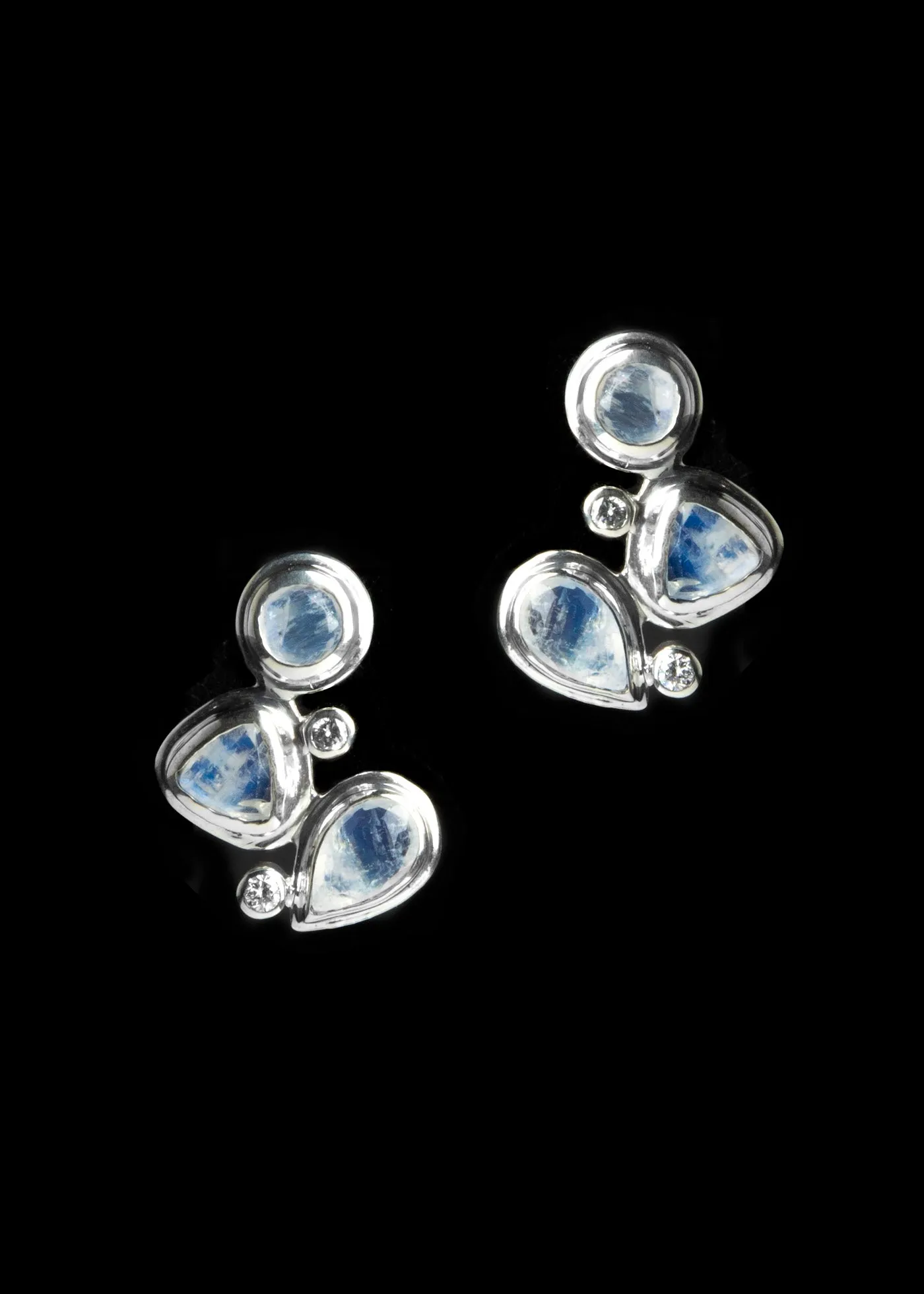 Rainbow Moonstone & Diamond Sterling Post Earrings, Mosaic 3 Stone