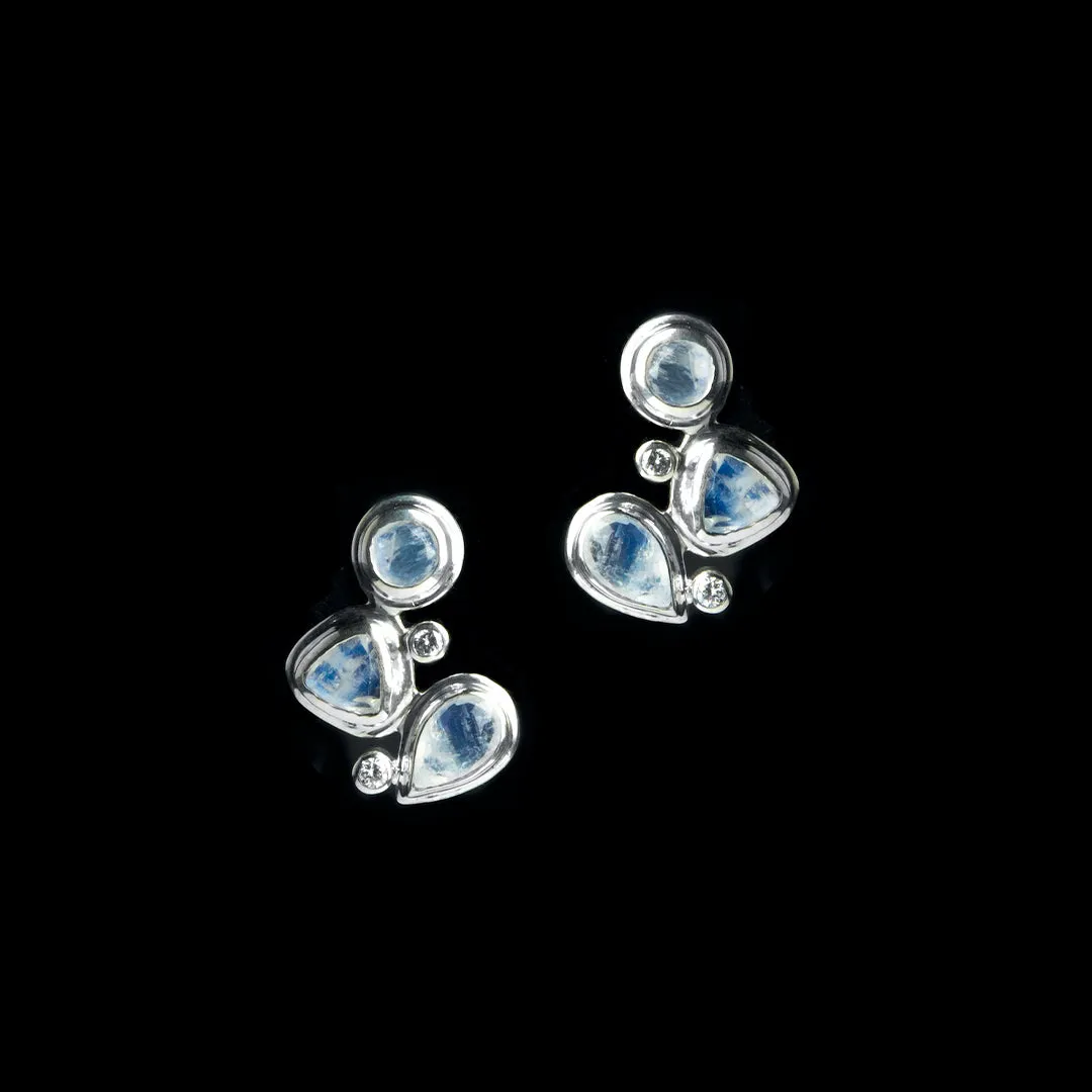 Rainbow Moonstone & Diamond Sterling Post Earrings, Mosaic 3 Stone