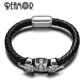 REAMOR 2017 Exoticism Design Thailand Ganesha Buddhism Genuine Leather Stainless Steel Bead Bracelet &amp; Bangle with Magnet Clasp