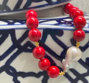 Red Coral & White Baroque Pearl Gemstone Statement Necklace 18"