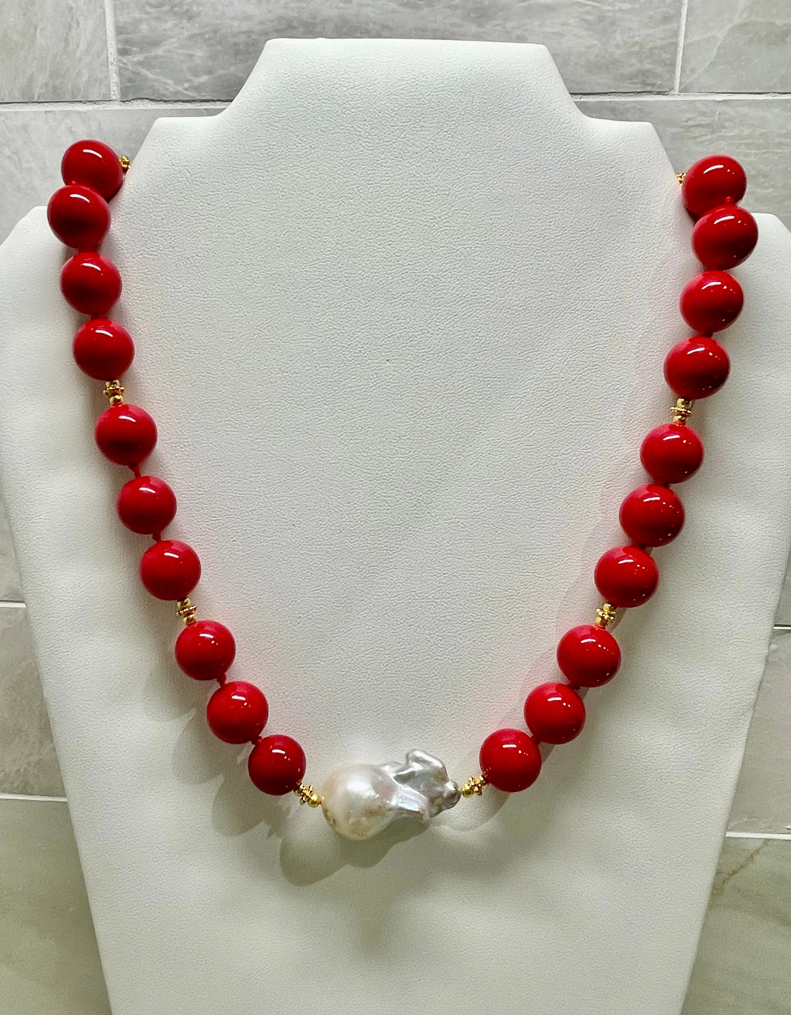 Red Coral & White Baroque Pearl Gemstone Statement Necklace 18"