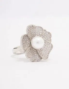 Rhodium Large Flower & Pearl Ring