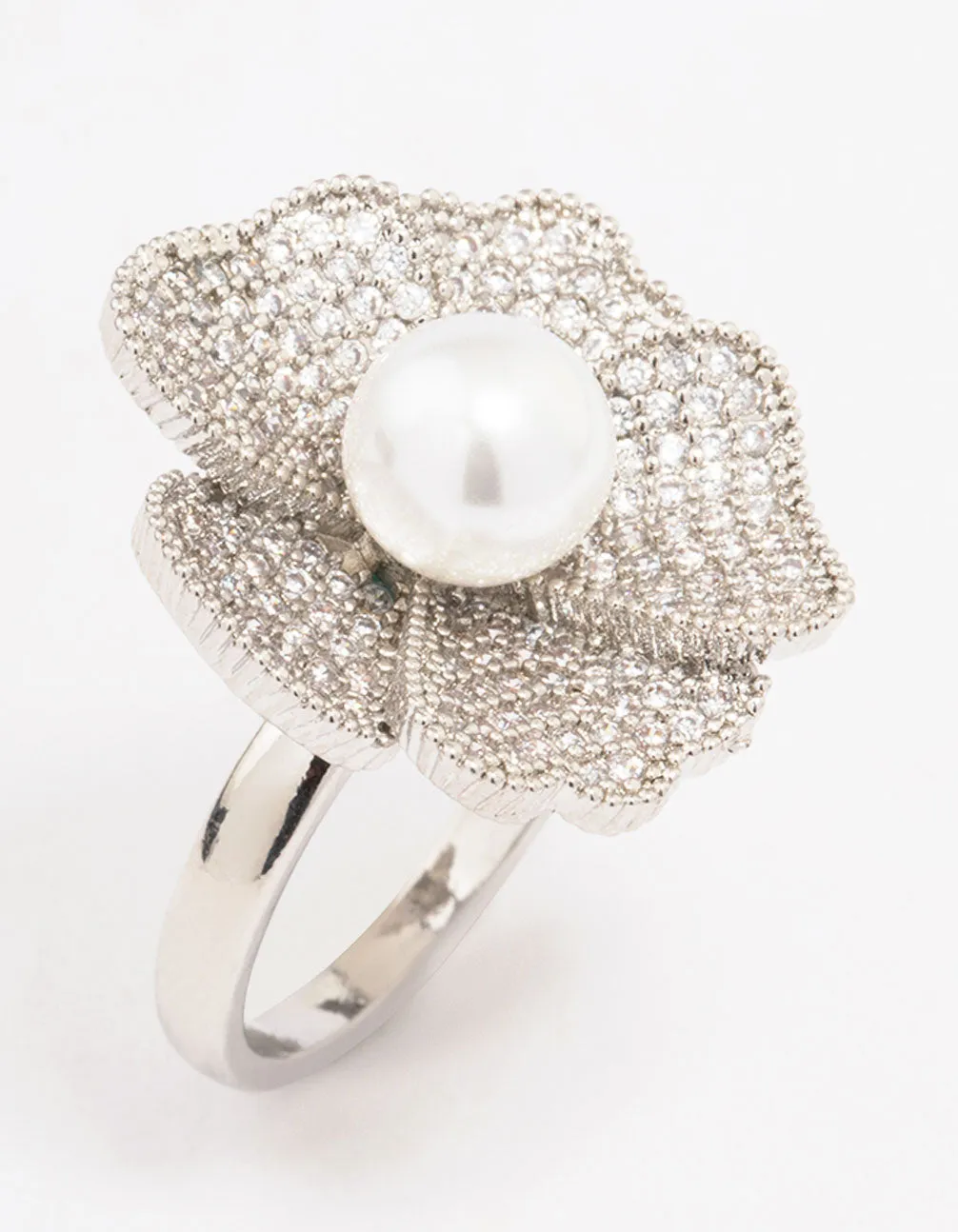 Rhodium Large Flower & Pearl Ring