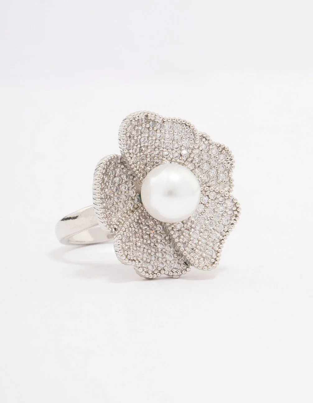 Rhodium Large Flower & Pearl Ring