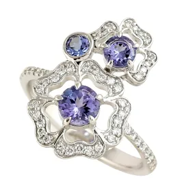 Round Tanzanite December Birthstone Pave Diamond Flower Ring in 18k White Gold