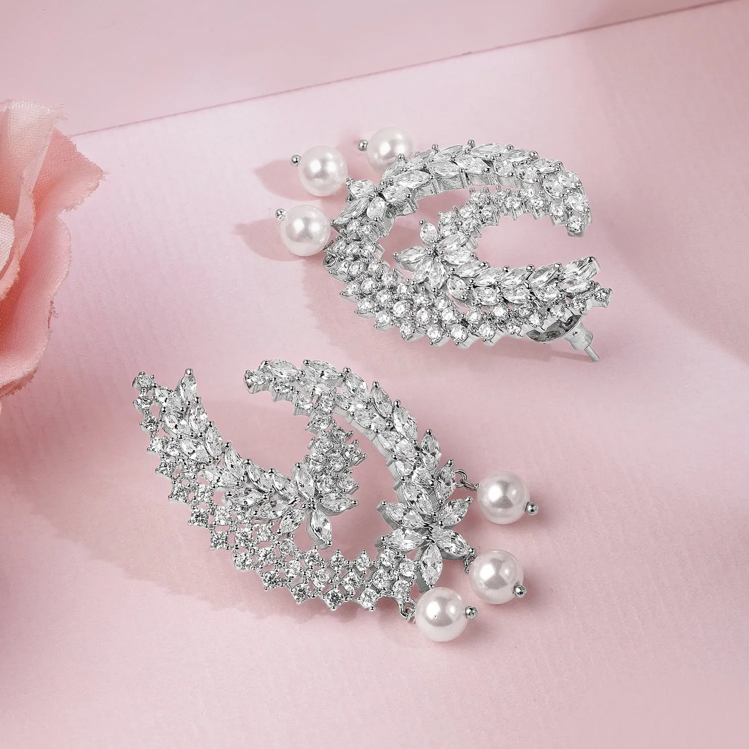 Rubans Rhodium-Plated Cubic Zirconia Studded Statement Crescent Earrings with Pearl Drops
