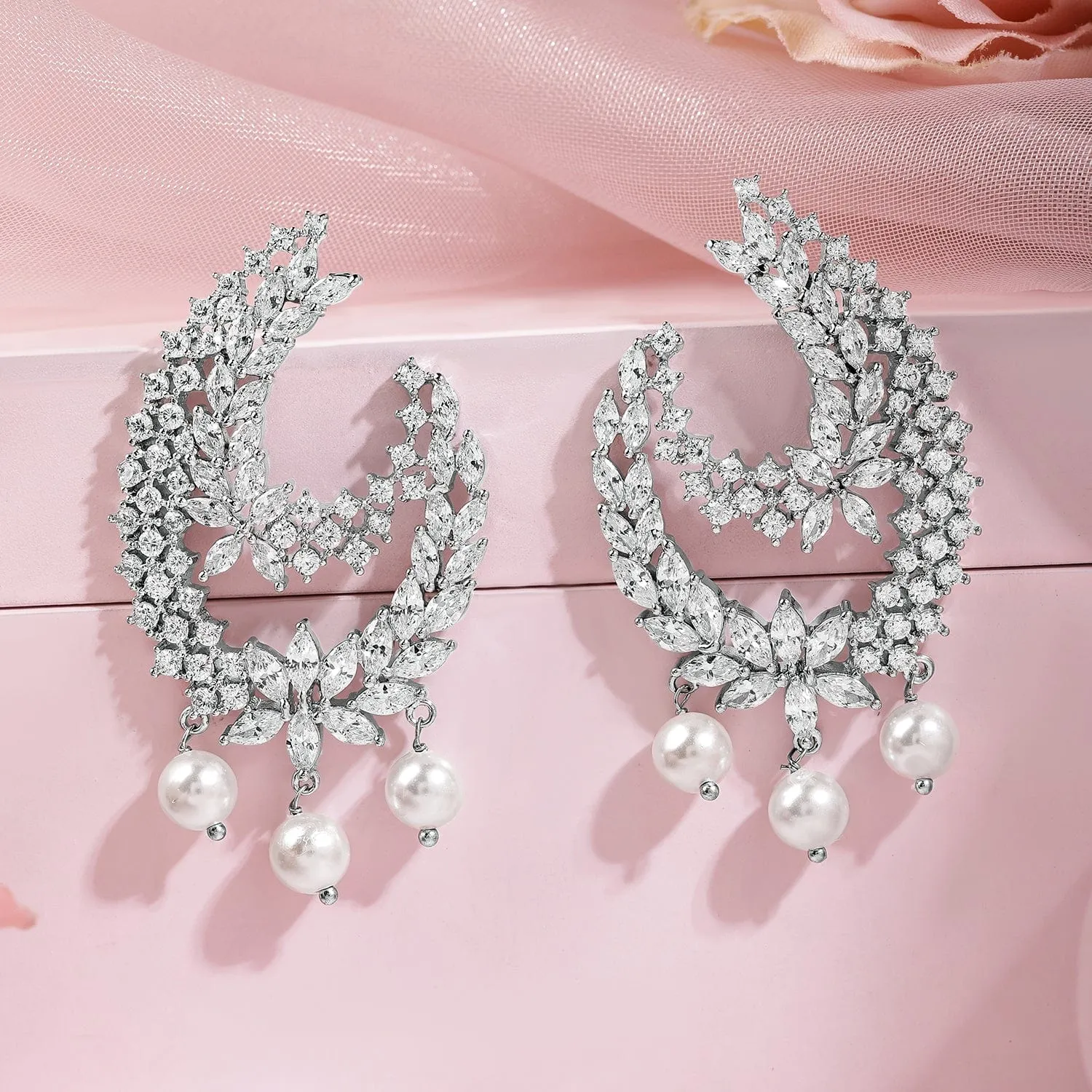 Rubans Rhodium-Plated Cubic Zirconia Studded Statement Crescent Earrings with Pearl Drops