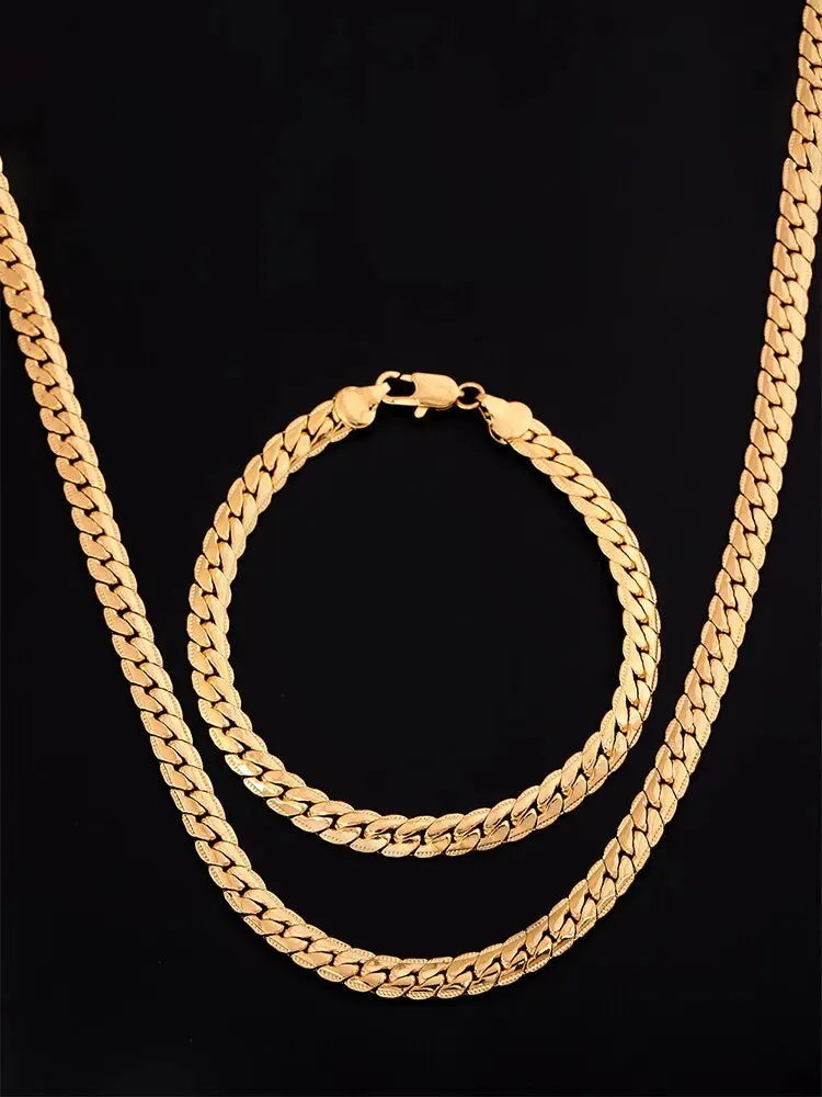 Silver 18k Gold Color 6mm Chain Bracelets Neckalce For Women Men Fashion Party Wedding Jewelry Sets Gifts