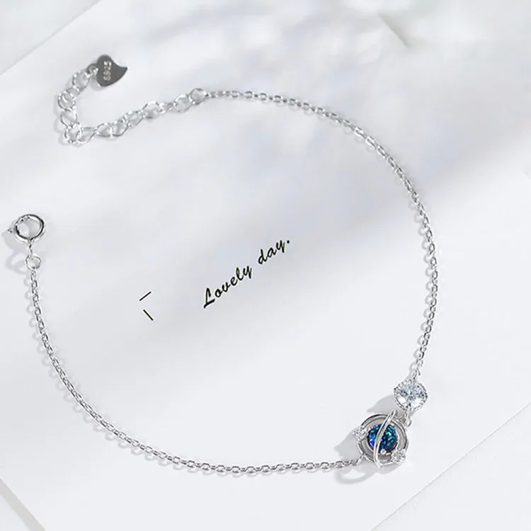 Silver Color Jewelry Dream Blue Zircon Universe Planet Star Charm Bracelet Cabochon Link Chain For Women