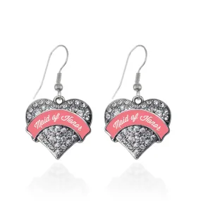 Silver Coral Maid of Honor Pave Heart Charm Dangle Earrings