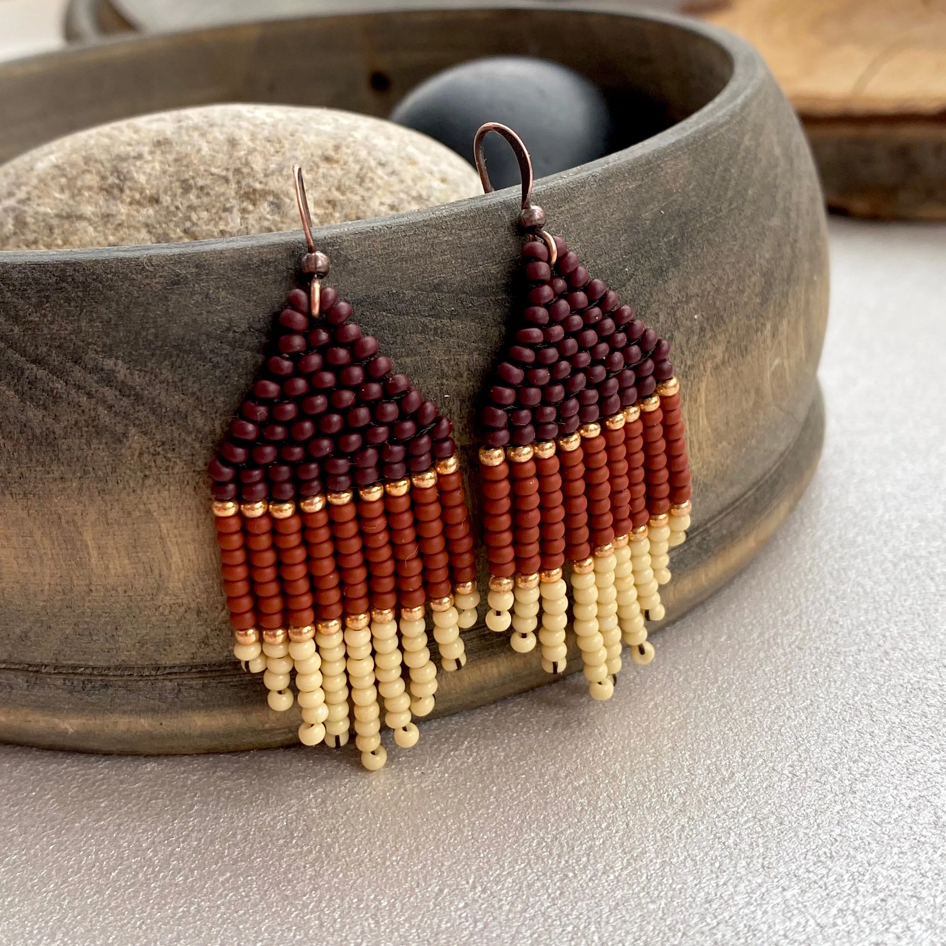 Small Fringe Brown Beige Seed Bead Earrings, Gold Earthy Chandelier Earrings, Cowgirl Western Earrings