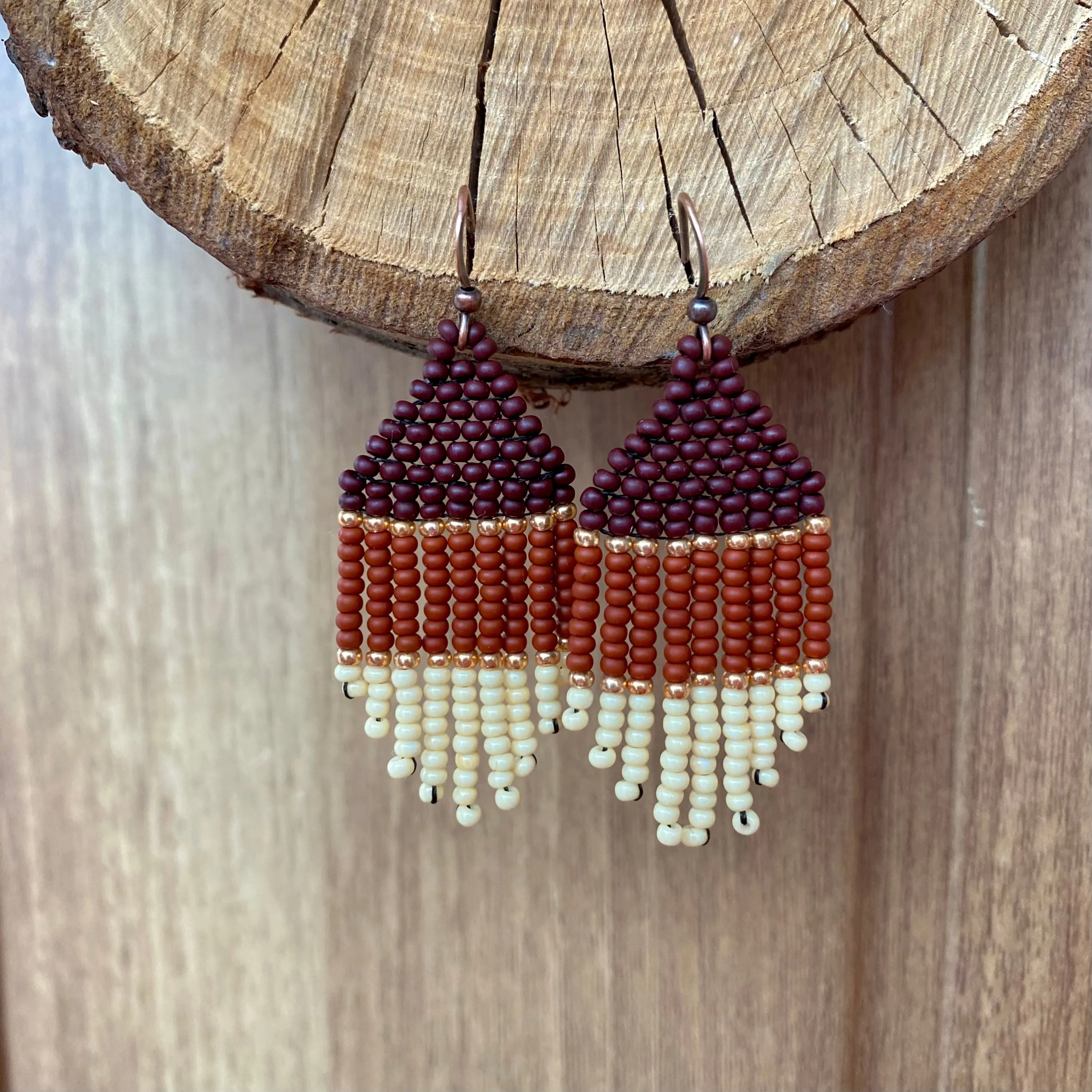 Small Fringe Brown Beige Seed Bead Earrings, Gold Earthy Chandelier Earrings, Cowgirl Western Earrings