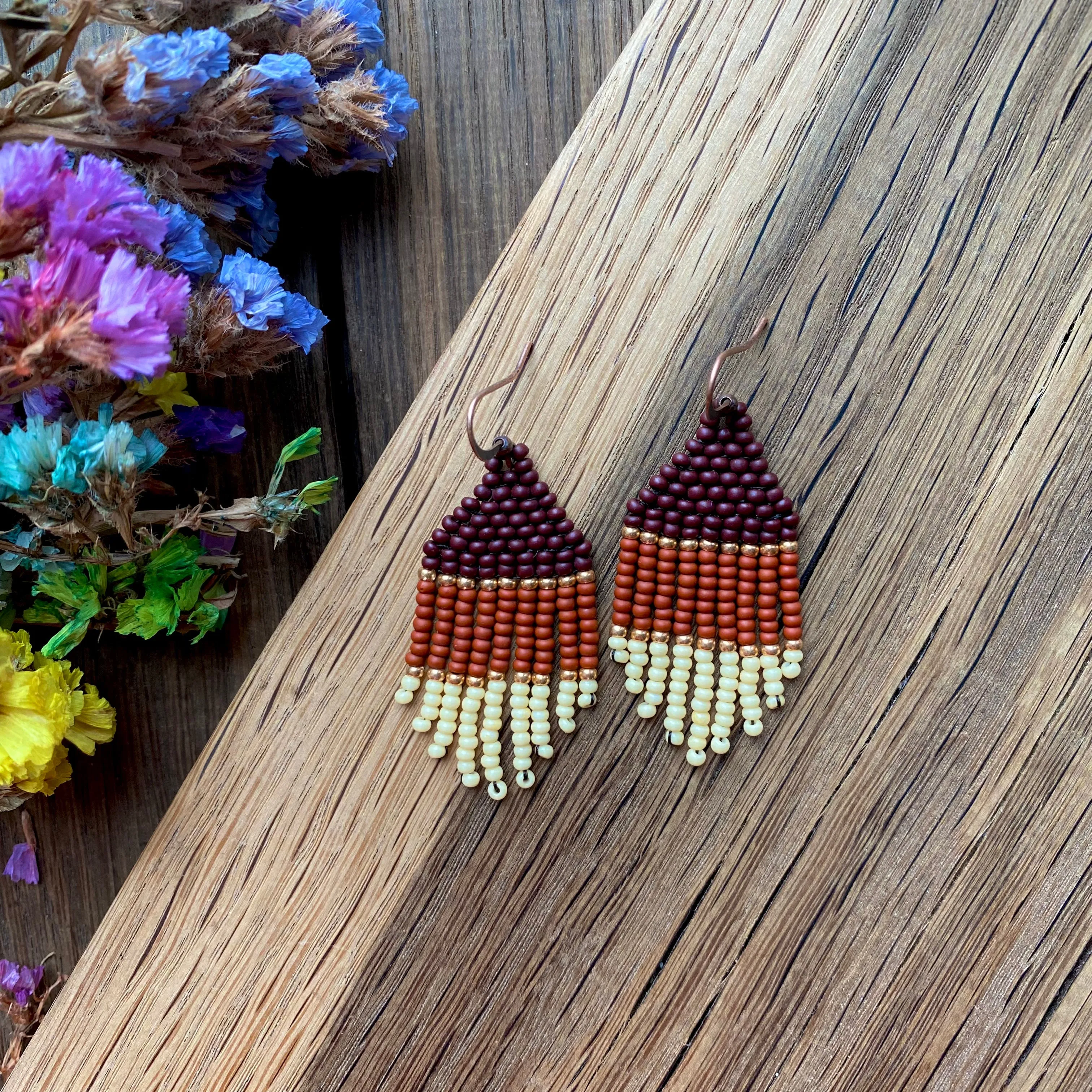 Small Fringe Brown Beige Seed Bead Earrings, Gold Earthy Chandelier Earrings, Cowgirl Western Earrings