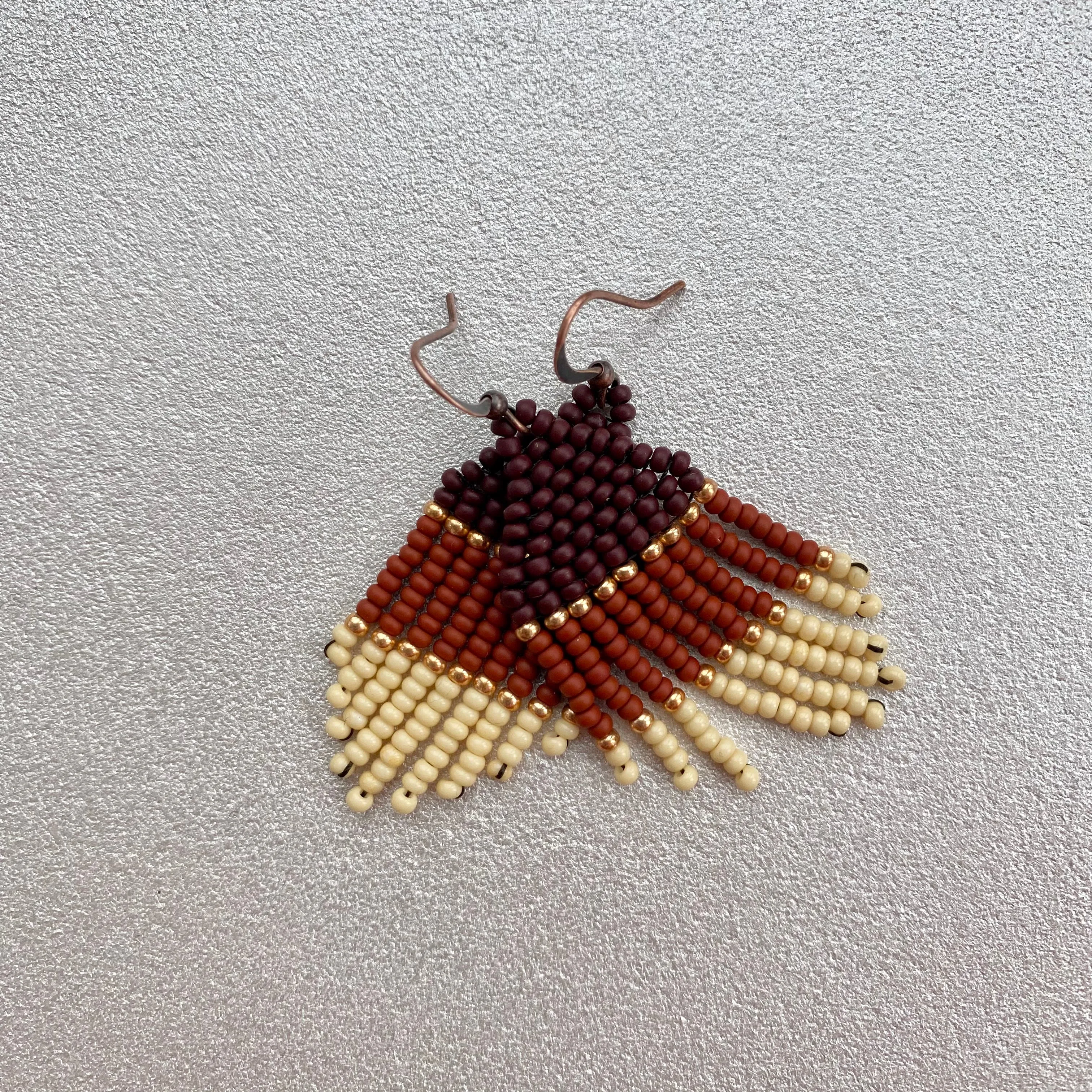 Small Fringe Brown Beige Seed Bead Earrings, Gold Earthy Chandelier Earrings, Cowgirl Western Earrings
