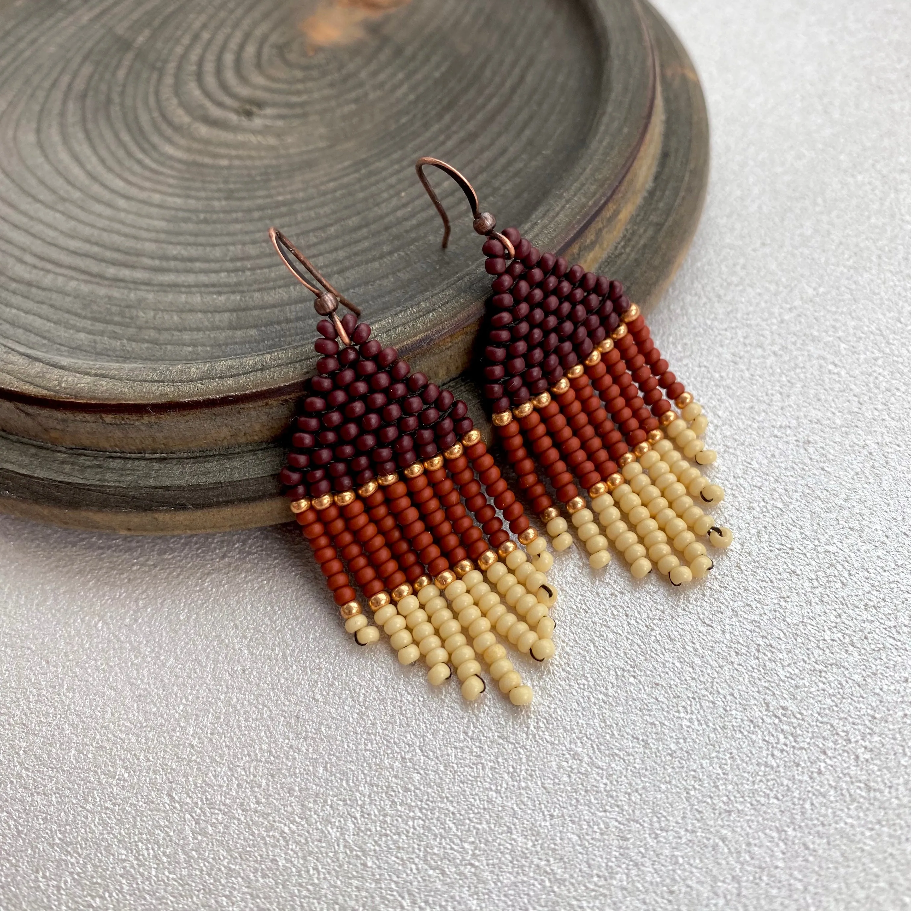 Small Fringe Brown Beige Seed Bead Earrings, Gold Earthy Chandelier Earrings, Cowgirl Western Earrings