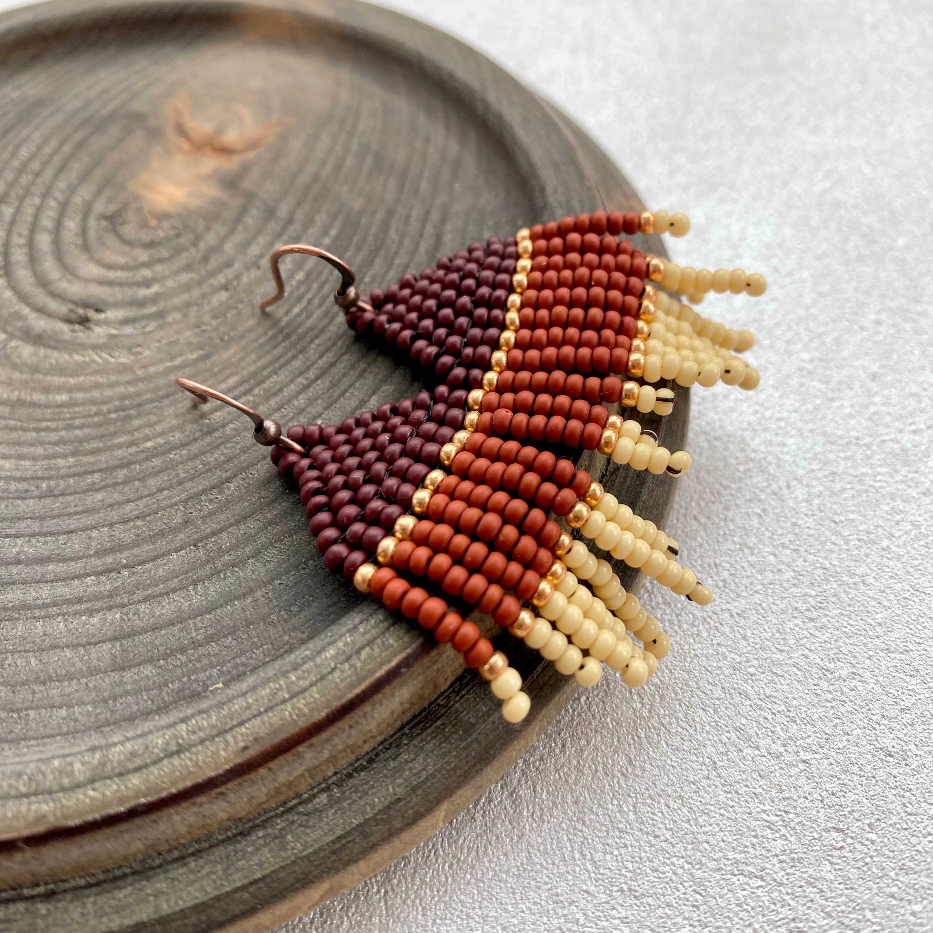 Small Fringe Brown Beige Seed Bead Earrings, Gold Earthy Chandelier Earrings, Cowgirl Western Earrings