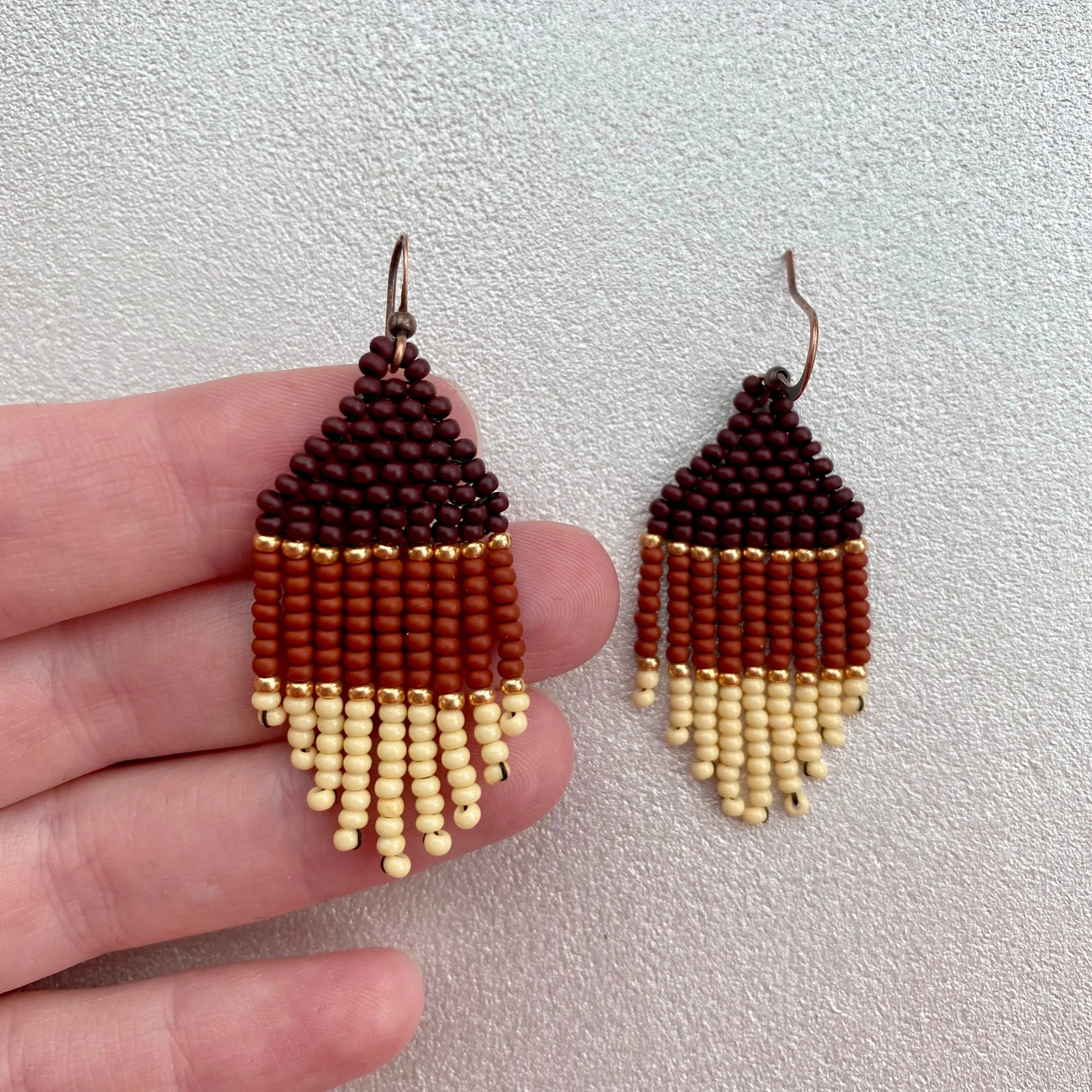 Small Fringe Brown Beige Seed Bead Earrings, Gold Earthy Chandelier Earrings, Cowgirl Western Earrings