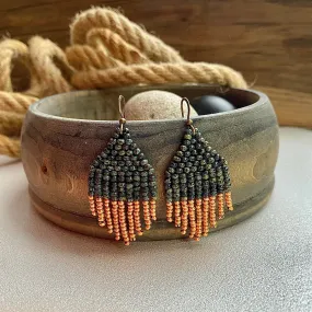 Small Fringe Olive Green Gold Seed Bead Earrings, Earthy Chandelier Earrings, Aesthetic Dainty Bohemian Earrings, Boho Hippie Earring with Short Fringe