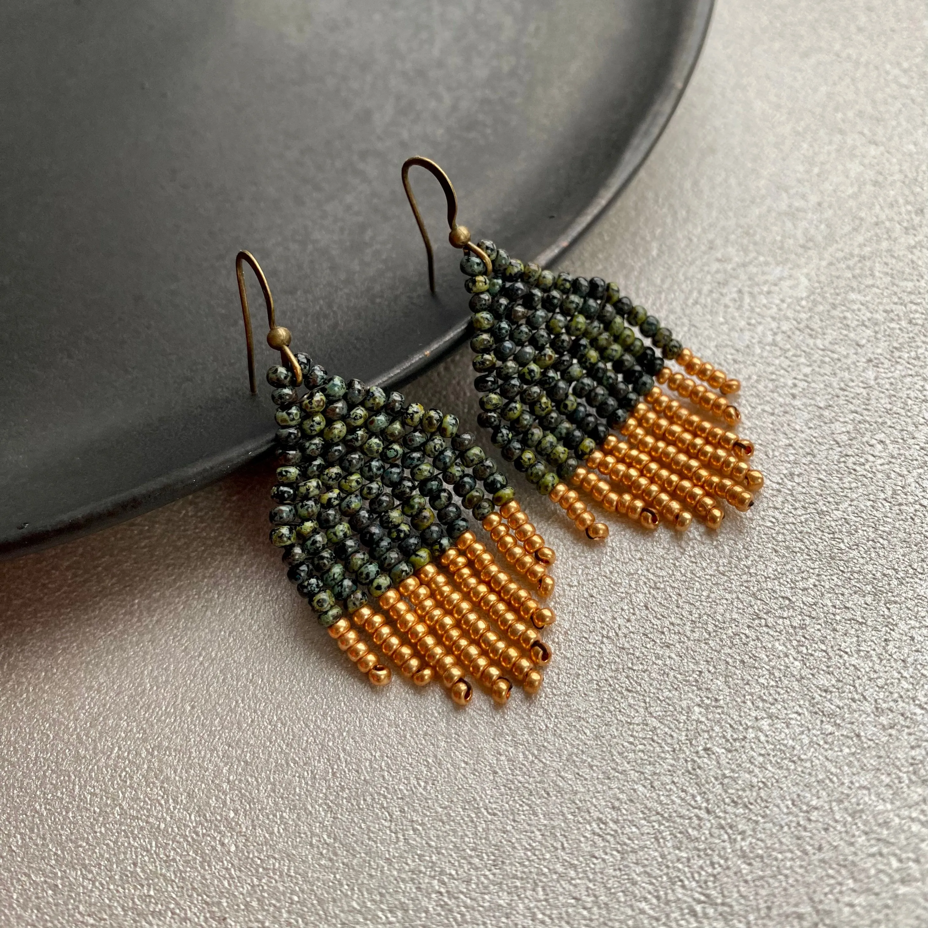 Small Fringe Olive Green Gold Seed Bead Earrings, Earthy Chandelier Earrings, Aesthetic Dainty Bohemian Earrings, Boho Hippie Earring with Short Fringe