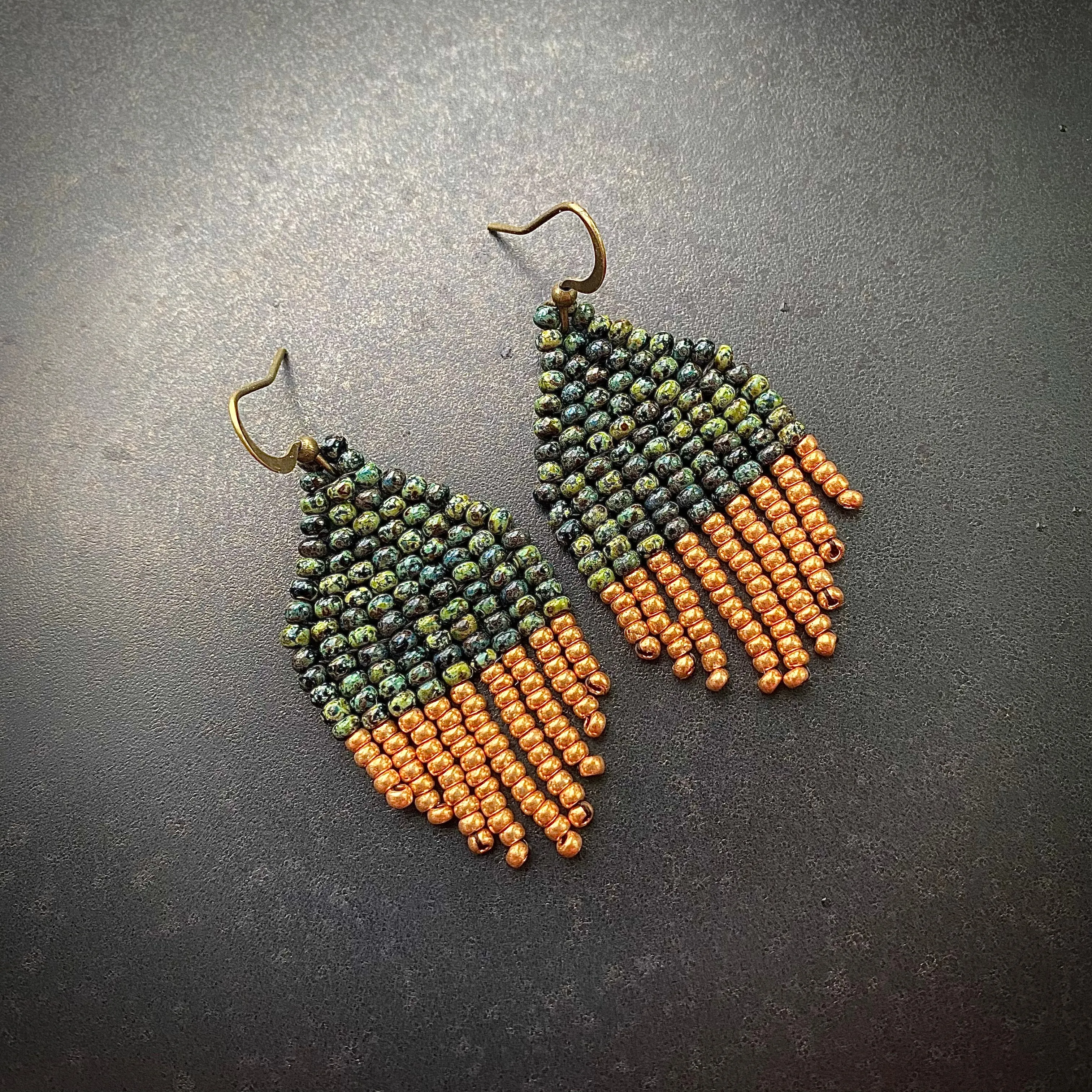 Small Fringe Olive Green Gold Seed Bead Earrings, Earthy Chandelier Earrings, Aesthetic Dainty Bohemian Earrings, Boho Hippie Earring with Short Fringe