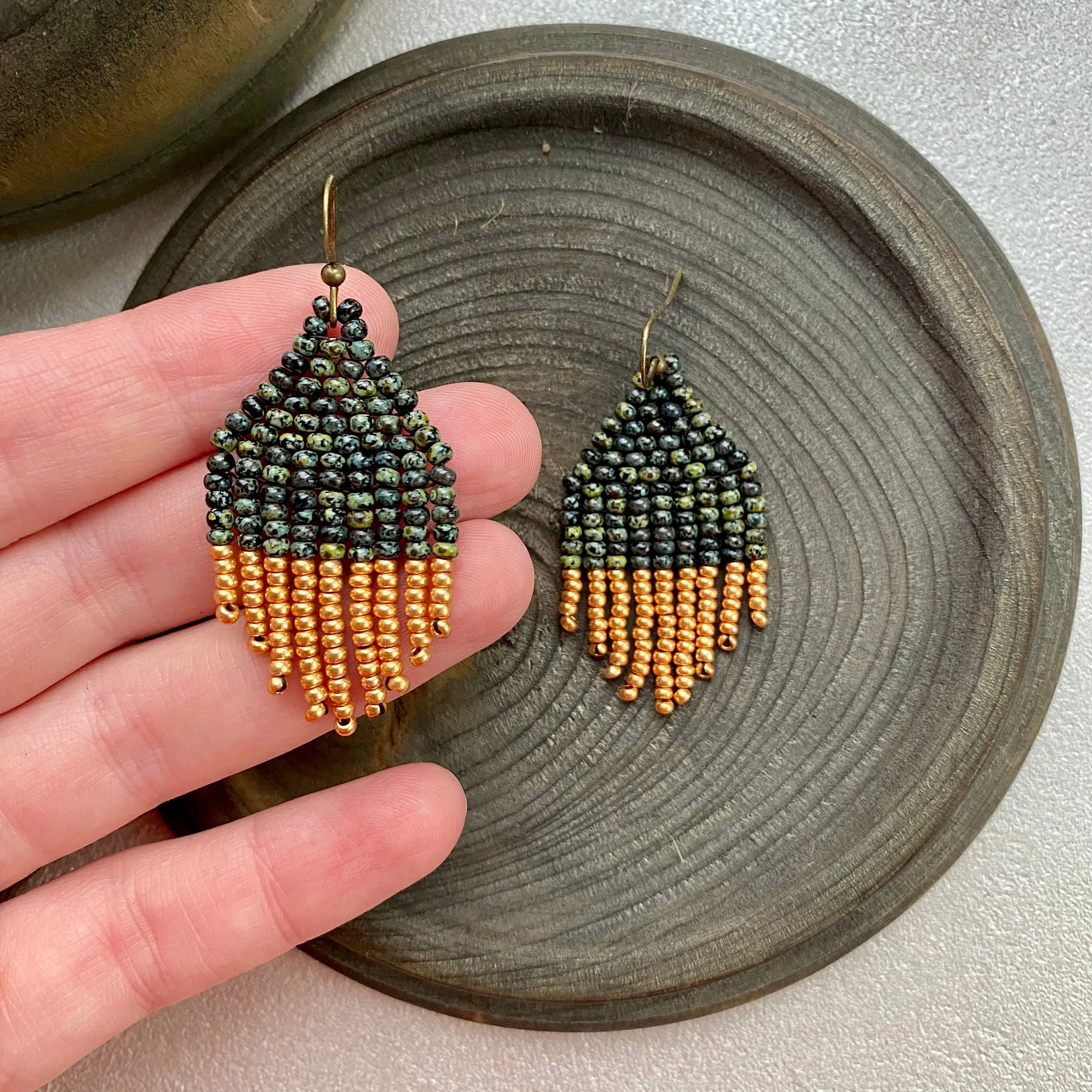 Small Fringe Olive Green Gold Seed Bead Earrings, Earthy Chandelier Earrings, Aesthetic Dainty Bohemian Earrings, Boho Hippie Earring with Short Fringe
