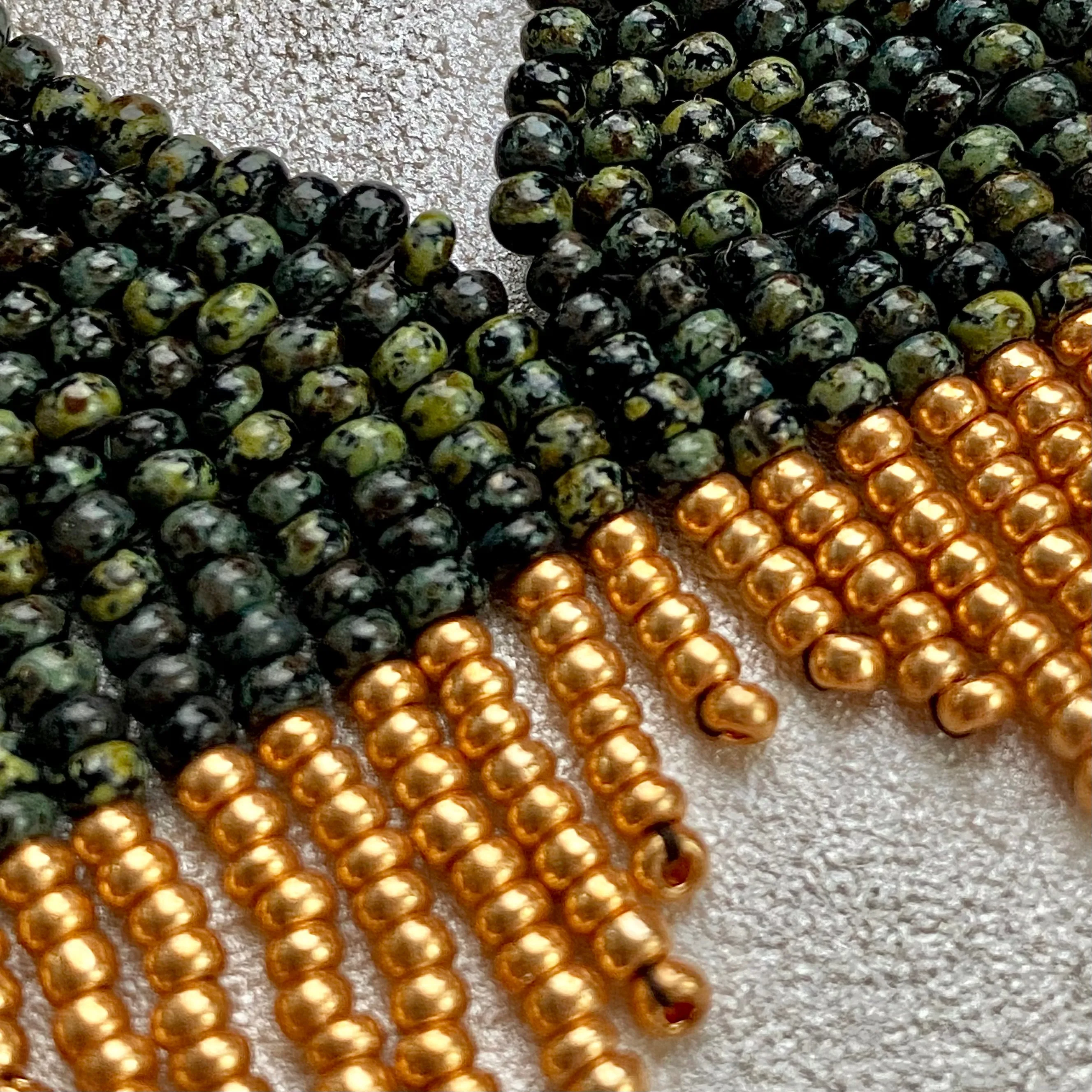 Small Fringe Olive Green Gold Seed Bead Earrings, Earthy Chandelier Earrings, Aesthetic Dainty Bohemian Earrings, Boho Hippie Earring with Short Fringe