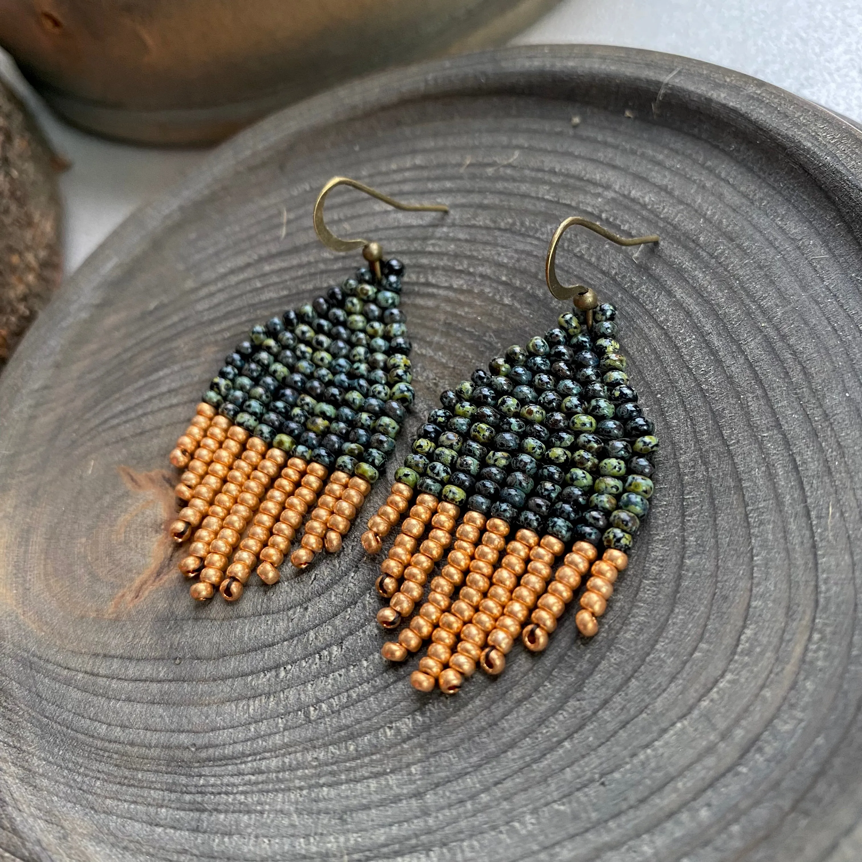 Small Fringe Olive Green Gold Seed Bead Earrings, Earthy Chandelier Earrings, Aesthetic Dainty Bohemian Earrings, Boho Hippie Earring with Short Fringe