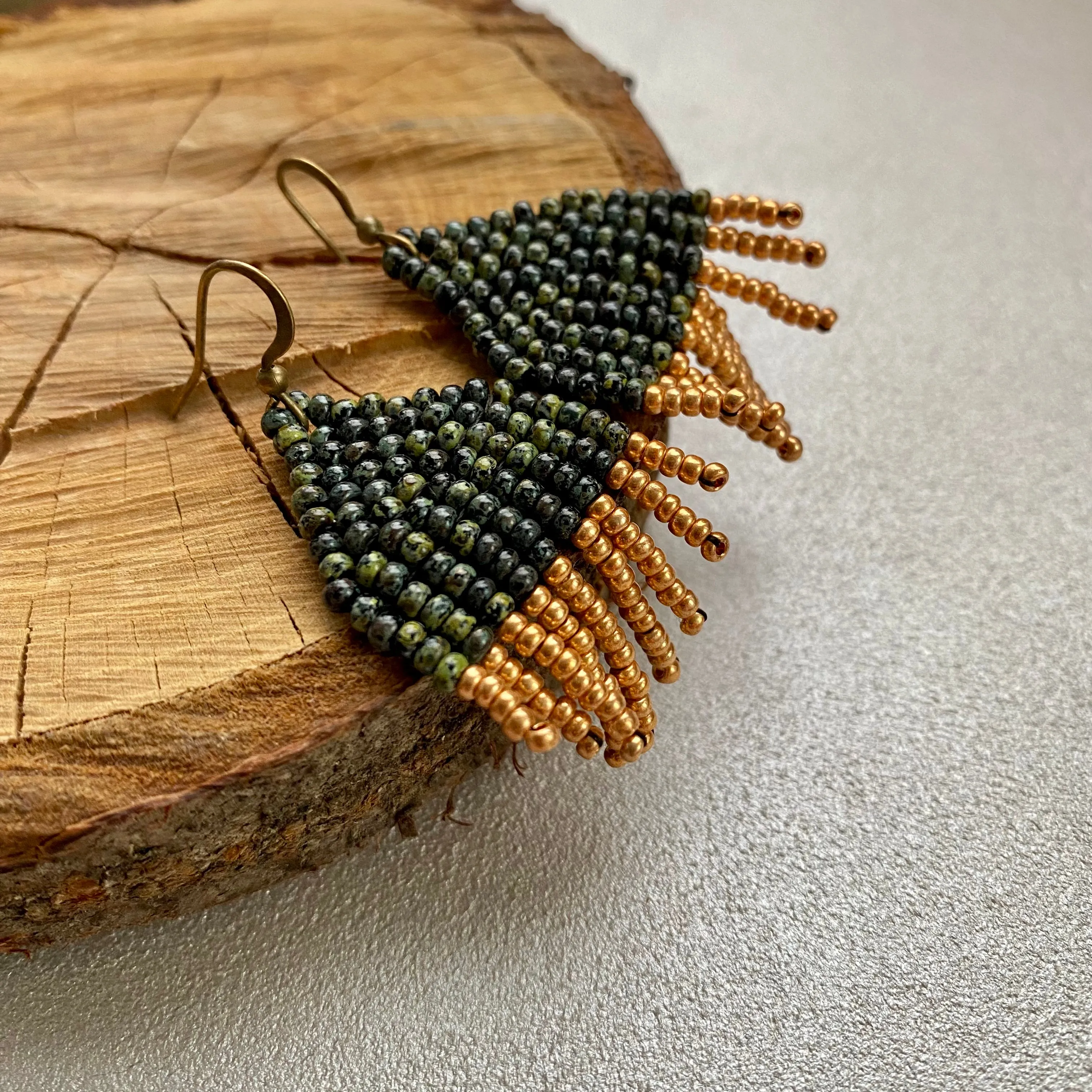 Small Fringe Olive Green Gold Seed Bead Earrings, Earthy Chandelier Earrings, Aesthetic Dainty Bohemian Earrings, Boho Hippie Earring with Short Fringe