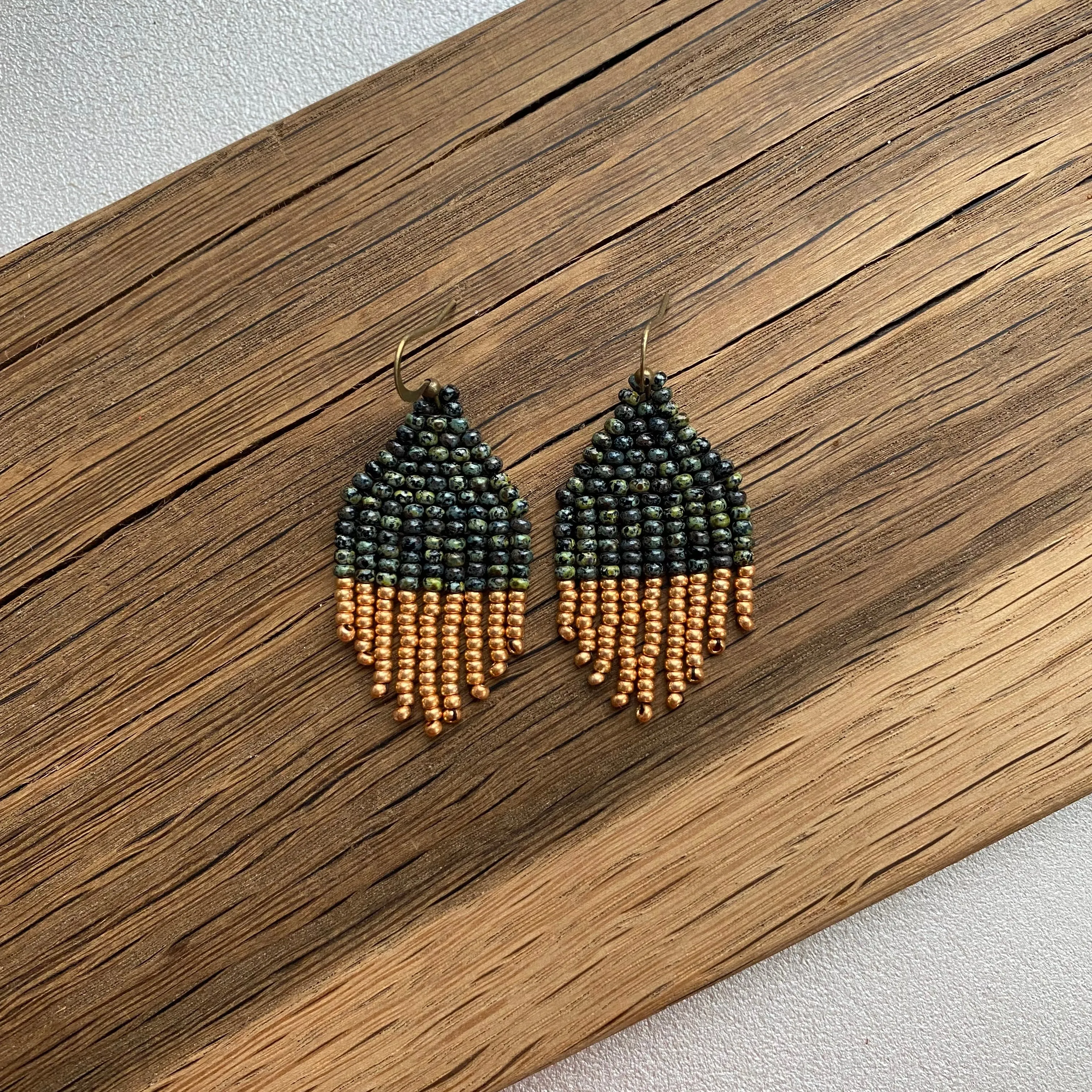Small Fringe Olive Green Gold Seed Bead Earrings, Earthy Chandelier Earrings, Aesthetic Dainty Bohemian Earrings, Boho Hippie Earring with Short Fringe