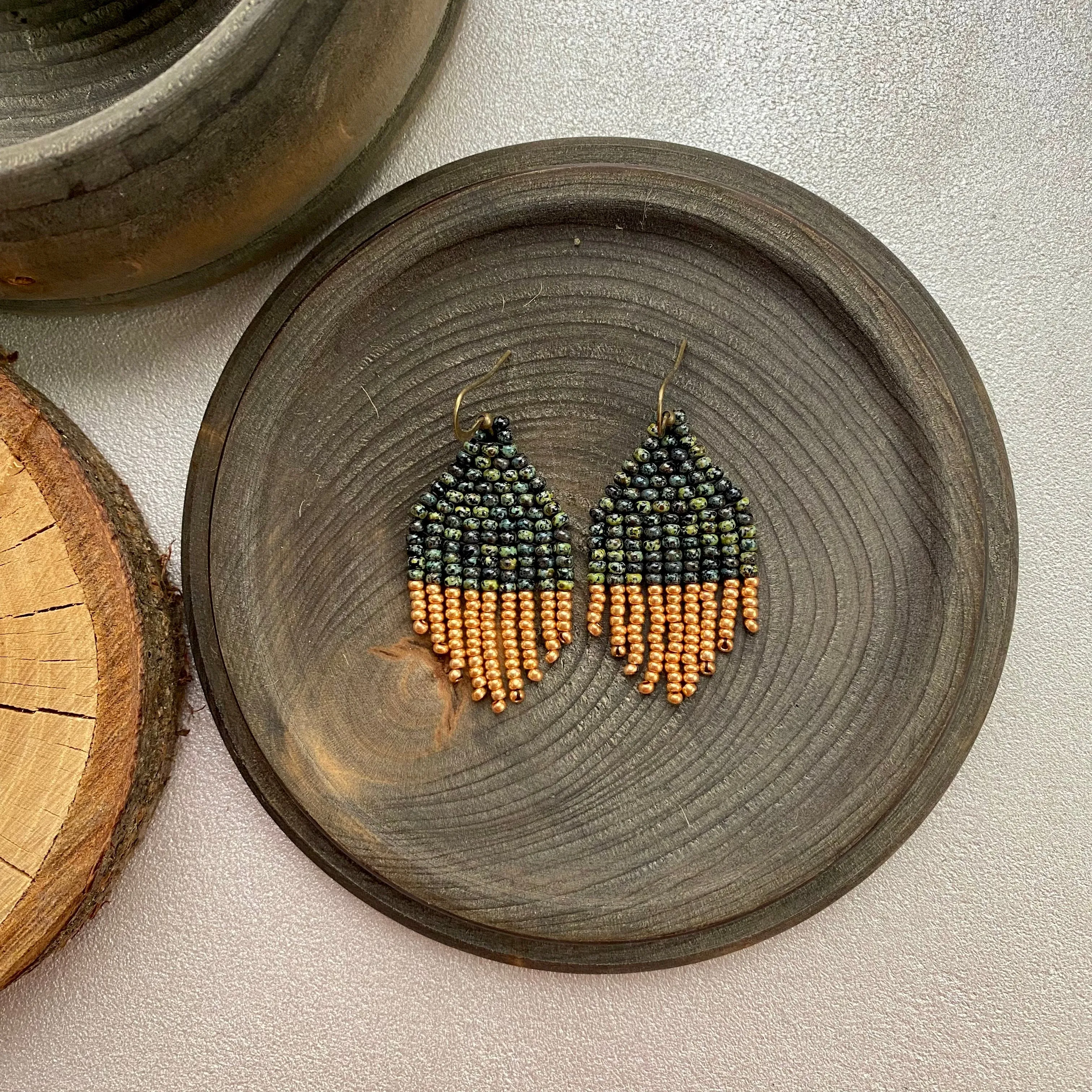 Small Fringe Olive Green Gold Seed Bead Earrings, Earthy Chandelier Earrings, Aesthetic Dainty Bohemian Earrings, Boho Hippie Earring with Short Fringe