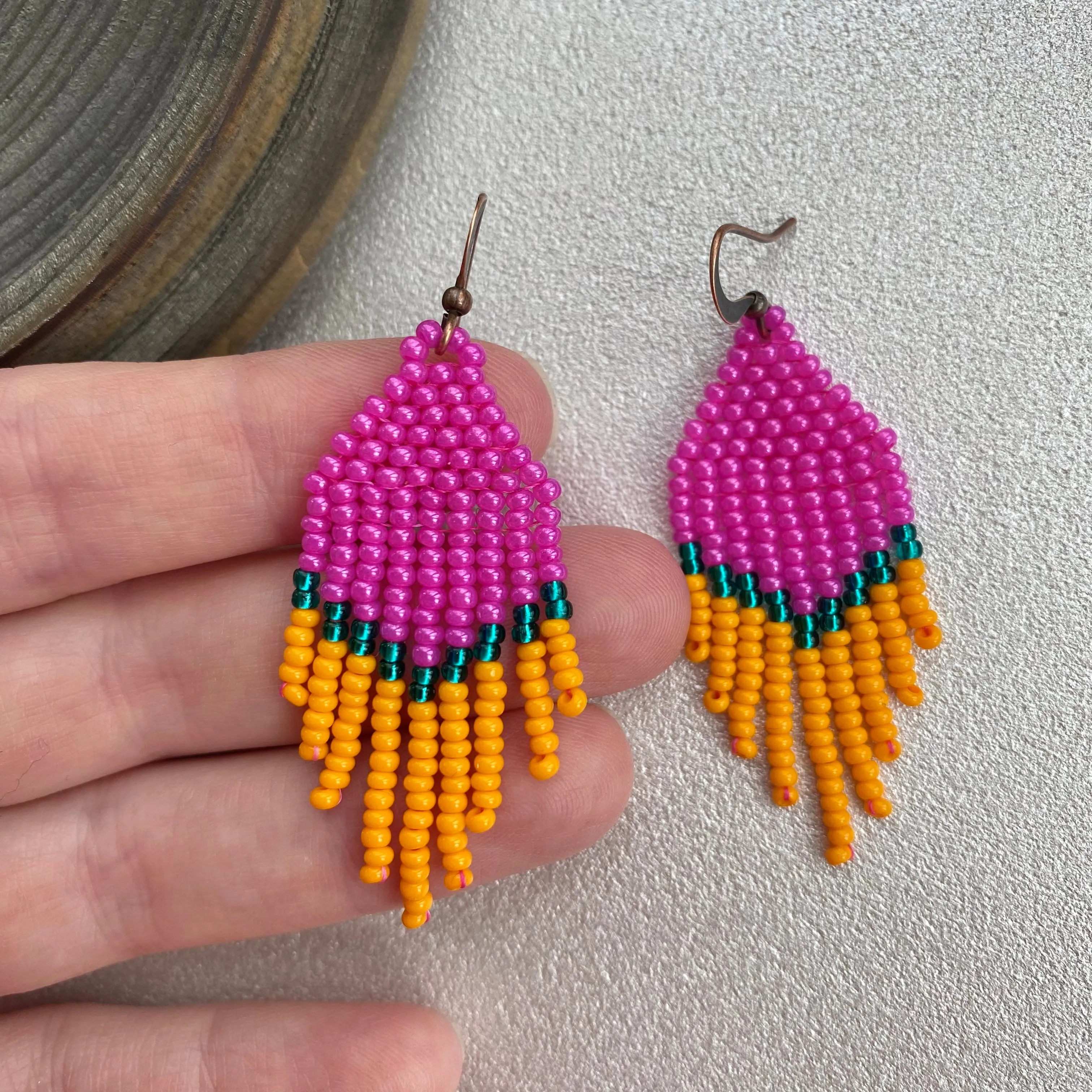 Small Fringe Pink Orange Emerald Seed Bead Earrings, Chandelier earrings, Statement Bohemian Earrings, Boho Hippie earrings
