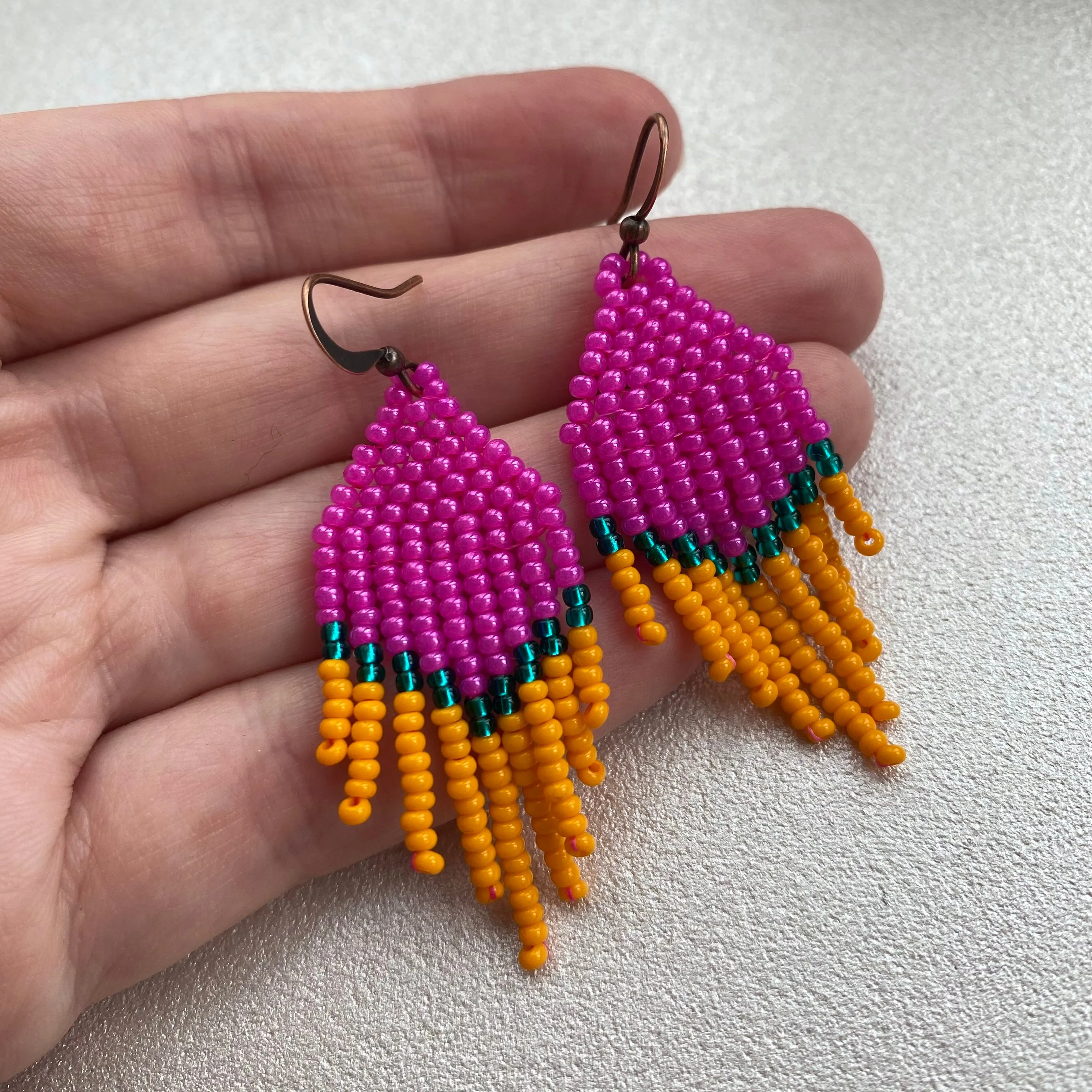 Small Fringe Pink Orange Emerald Seed Bead Earrings, Chandelier earrings, Statement Bohemian Earrings, Boho Hippie earrings