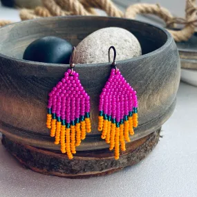 Small Fringe Pink Orange Emerald Seed Bead Earrings, Chandelier earrings, Statement Bohemian Earrings, Boho Hippie earrings
