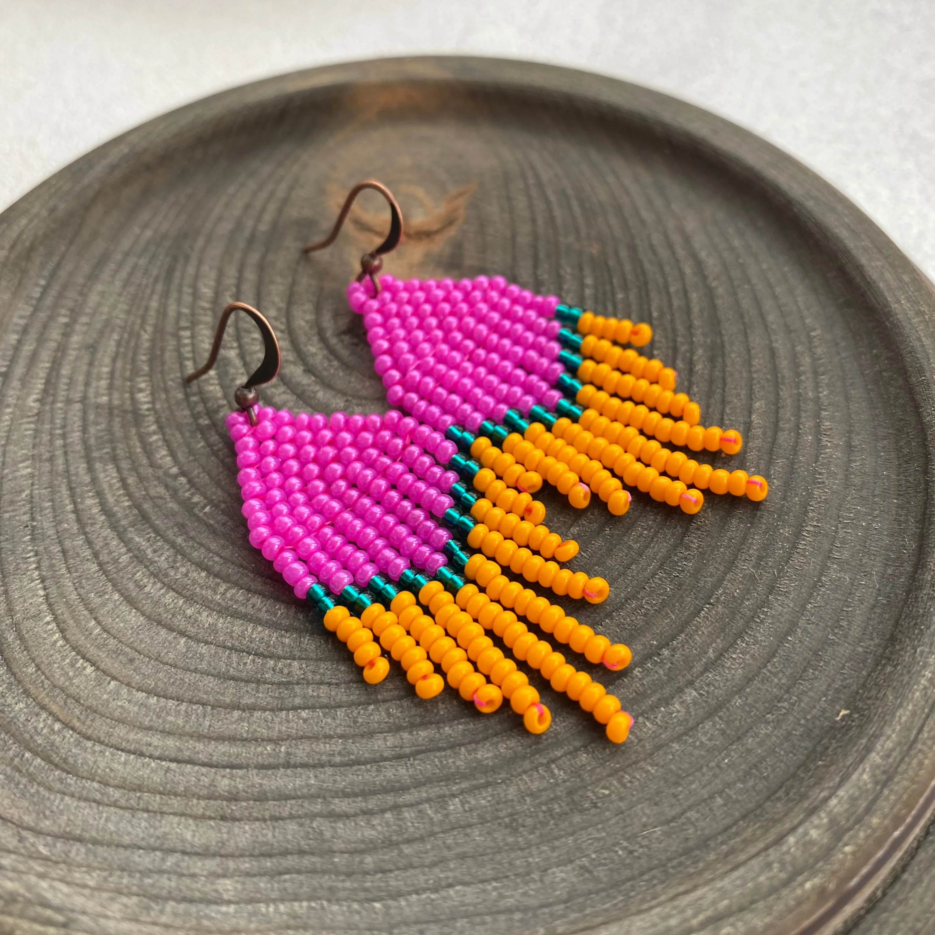 Small Fringe Pink Orange Emerald Seed Bead Earrings, Chandelier earrings, Statement Bohemian Earrings, Boho Hippie earrings