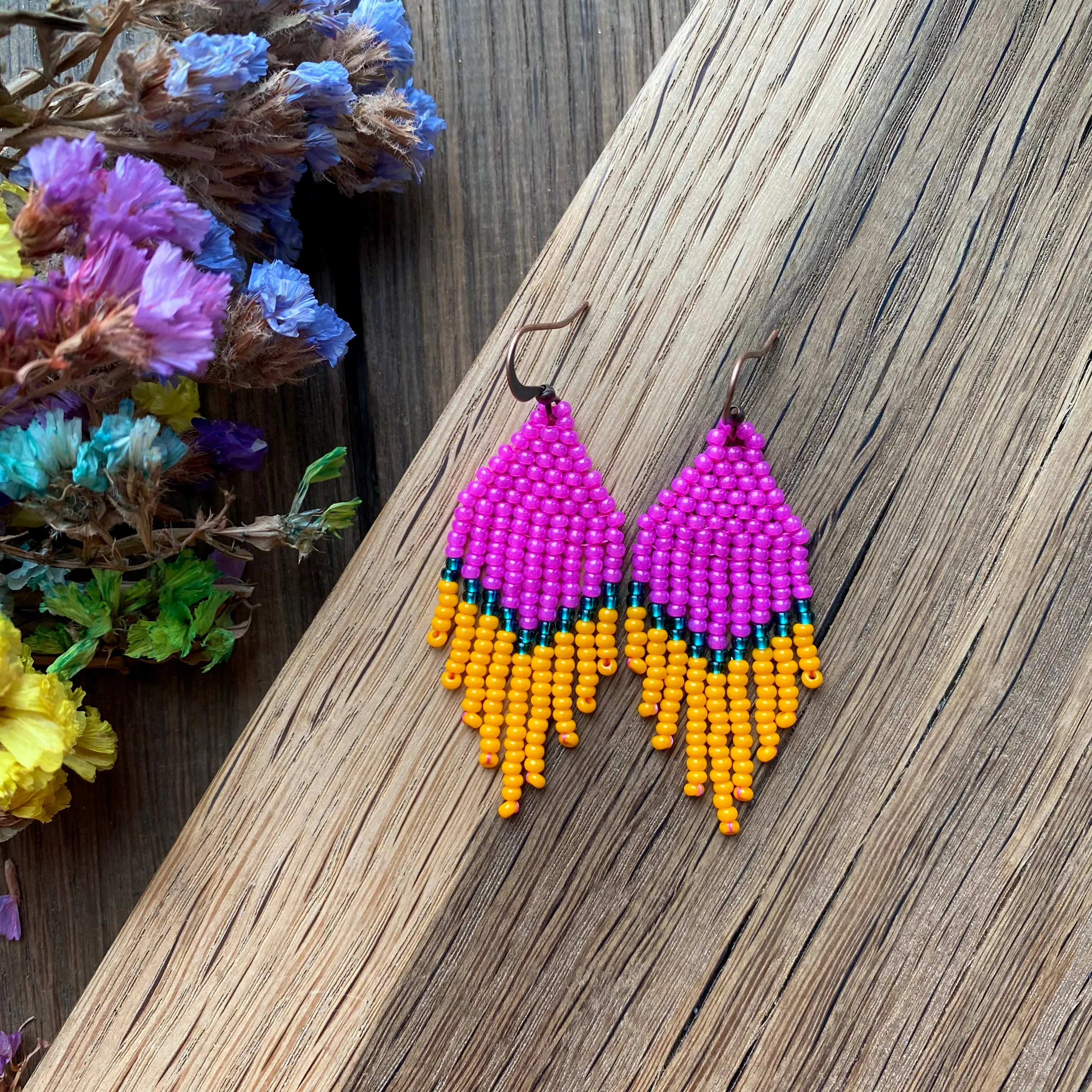 Small Fringe Pink Orange Emerald Seed Bead Earrings, Chandelier earrings, Statement Bohemian Earrings, Boho Hippie earrings