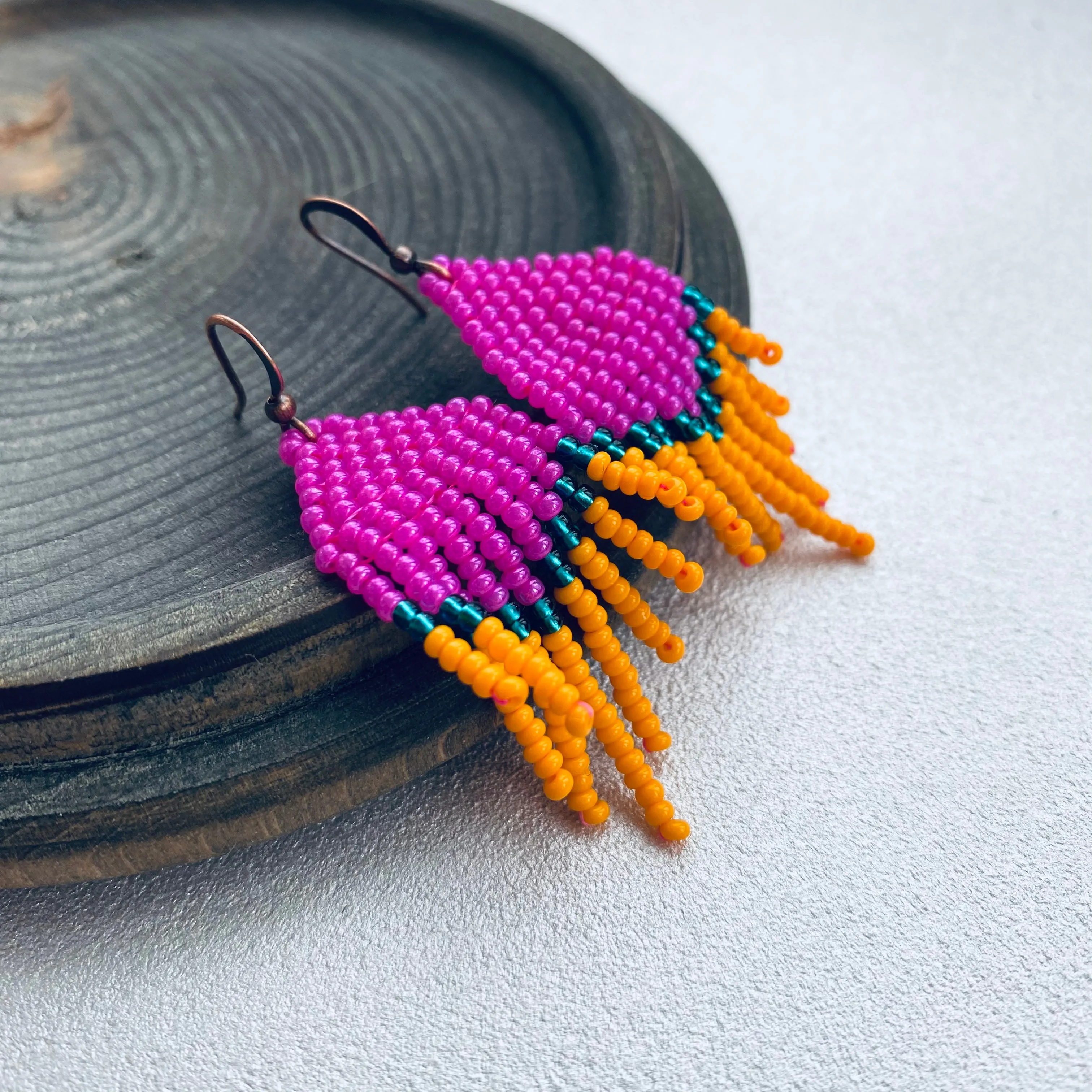 Small Fringe Pink Orange Emerald Seed Bead Earrings, Chandelier earrings, Statement Bohemian Earrings, Boho Hippie earrings