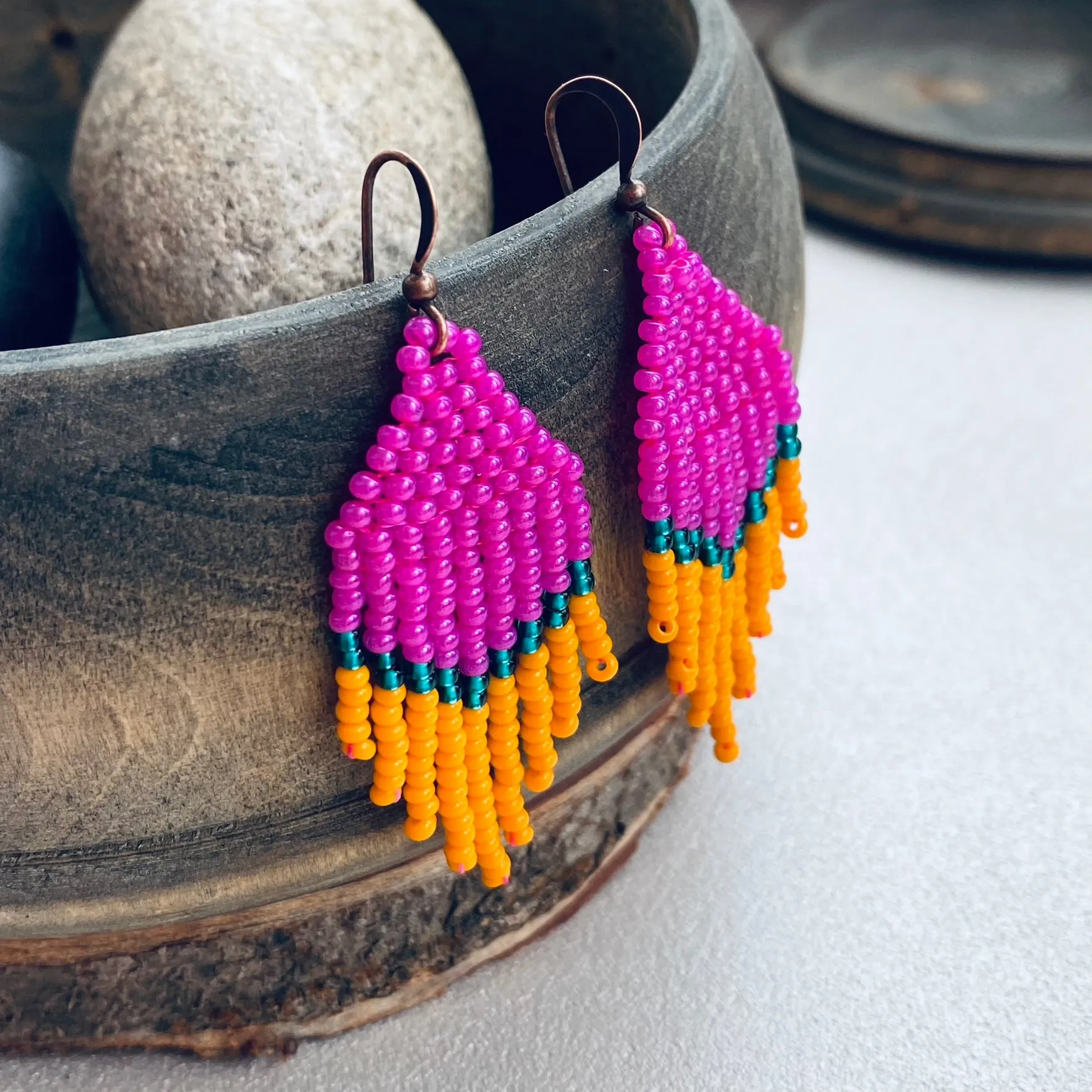 Small Fringe Pink Orange Emerald Seed Bead Earrings, Chandelier earrings, Statement Bohemian Earrings, Boho Hippie earrings