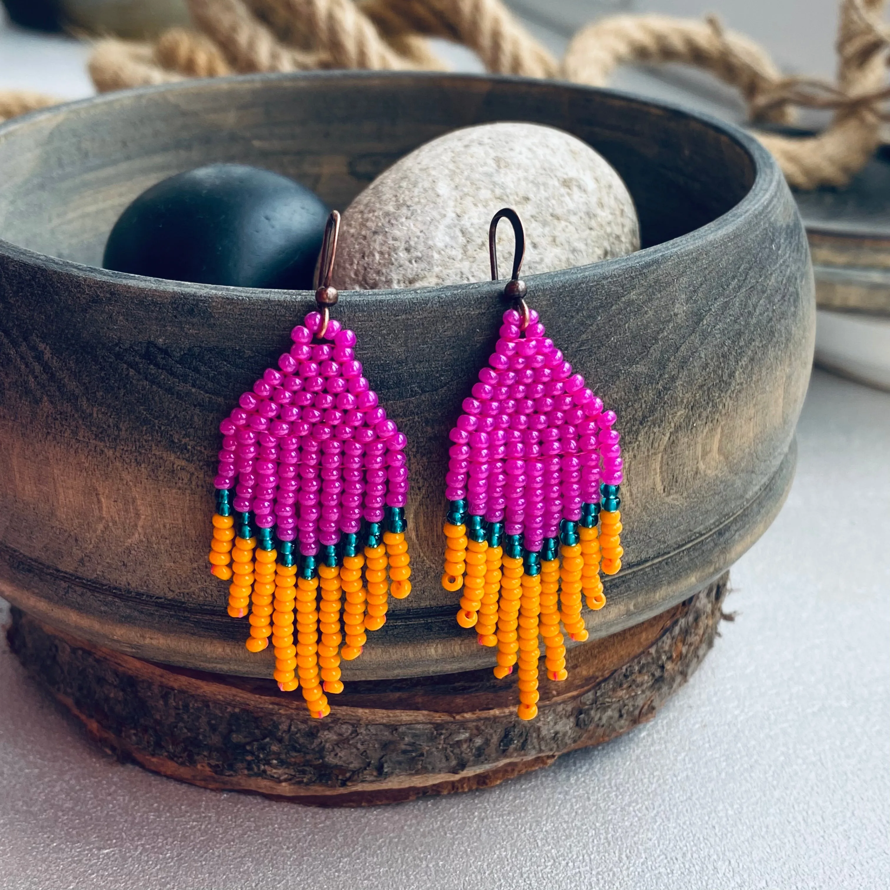 Small Fringe Pink Orange Emerald Seed Bead Earrings, Chandelier earrings, Statement Bohemian Earrings, Boho Hippie earrings