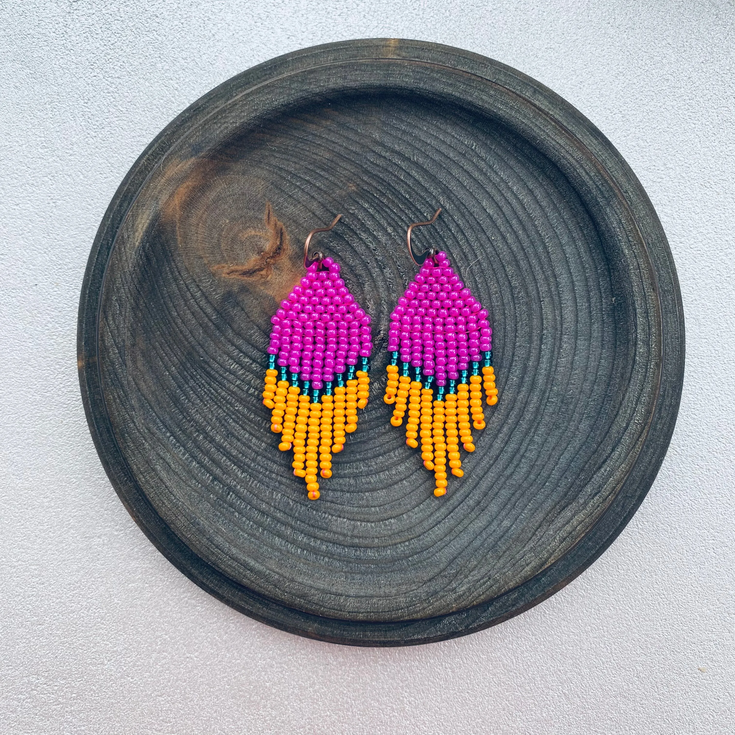 Small Fringe Pink Orange Emerald Seed Bead Earrings, Chandelier earrings, Statement Bohemian Earrings, Boho Hippie earrings