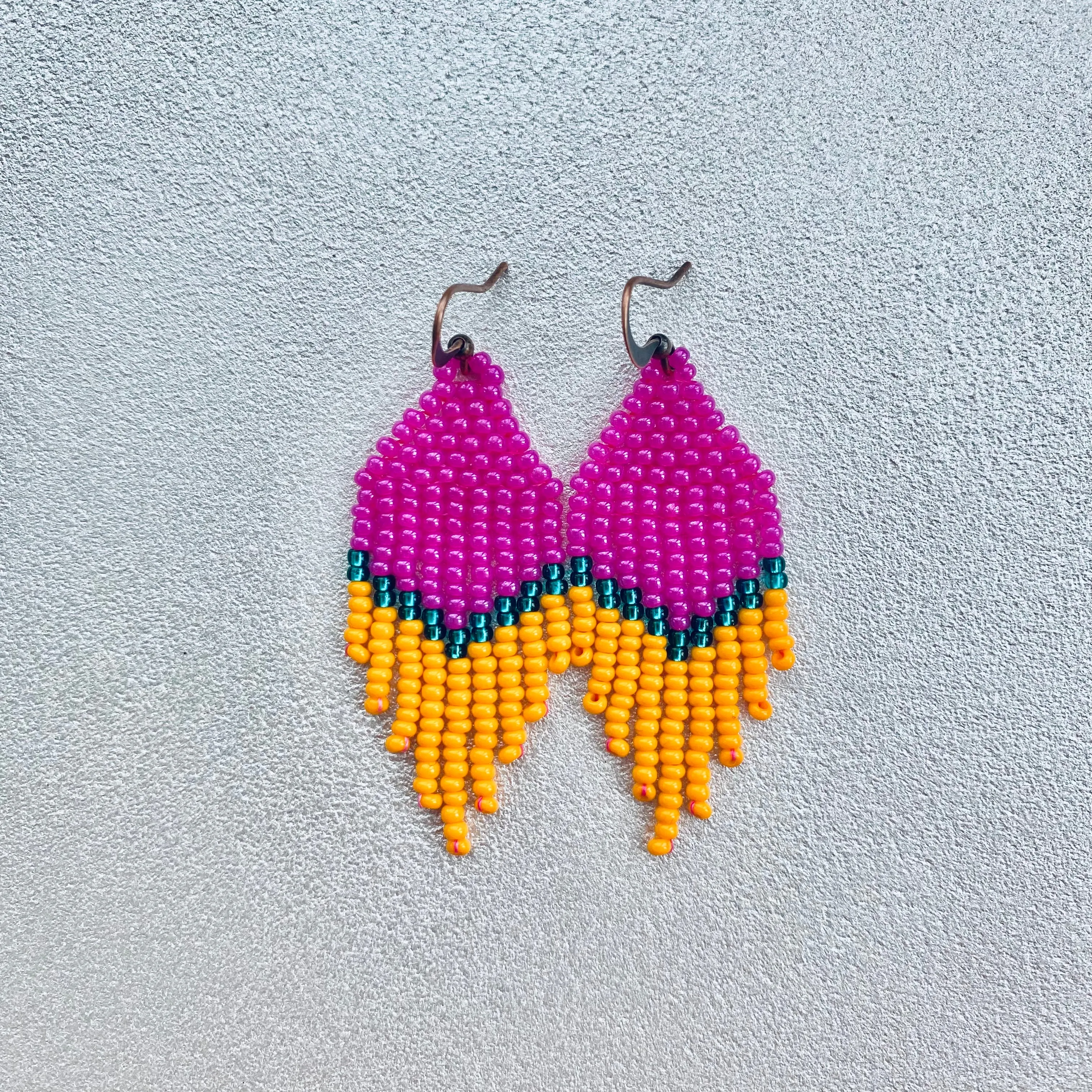 Small Fringe Pink Orange Emerald Seed Bead Earrings, Chandelier earrings, Statement Bohemian Earrings, Boho Hippie earrings