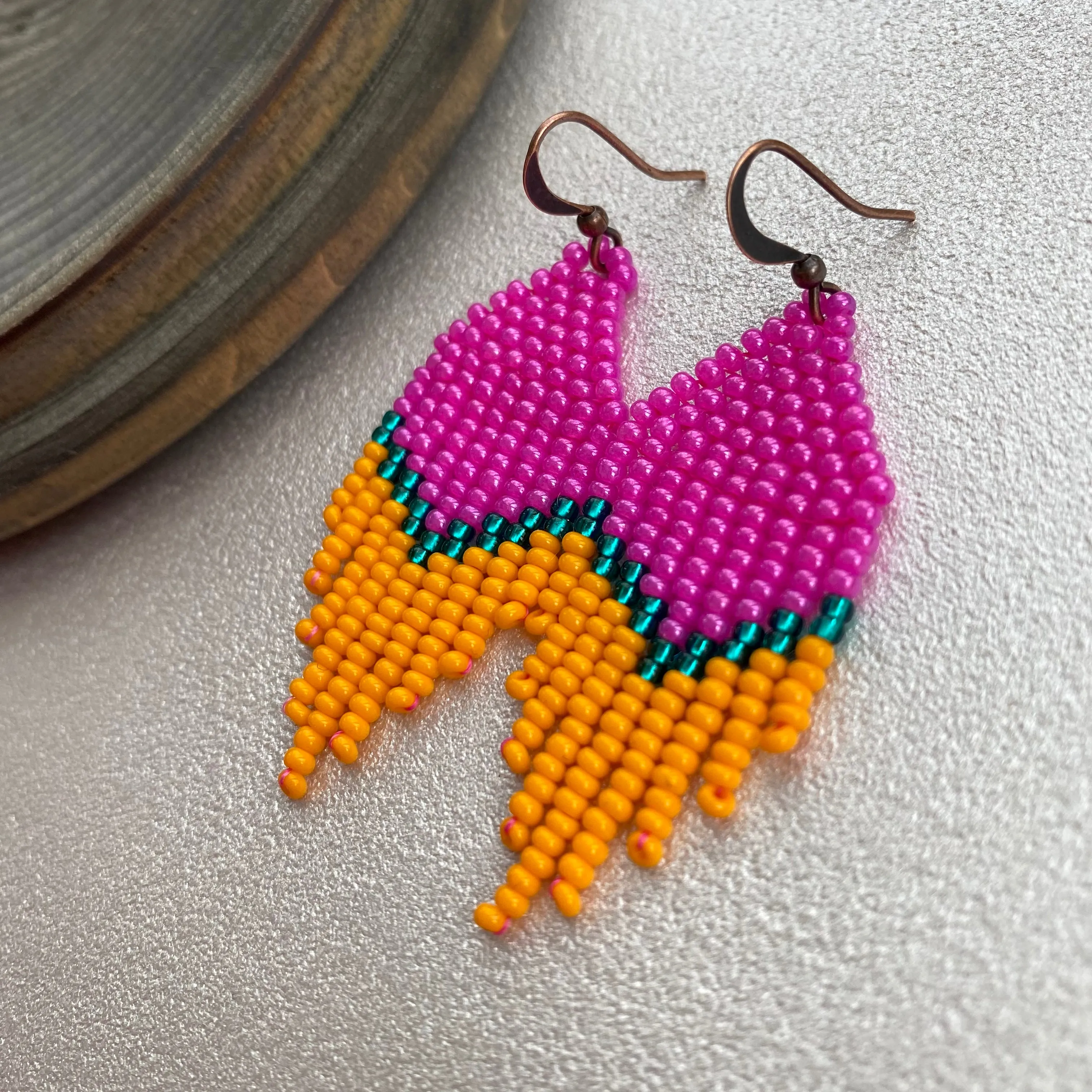 Small Fringe Pink Orange Emerald Seed Bead Earrings, Chandelier earrings, Statement Bohemian Earrings, Boho Hippie earrings