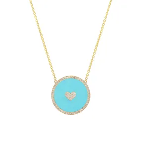 Small Turquoise Inlay Circle Necklace with Diamond and Heart Detail