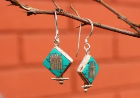 Square Shaped Tibetan Kalachakra Silver Earrings