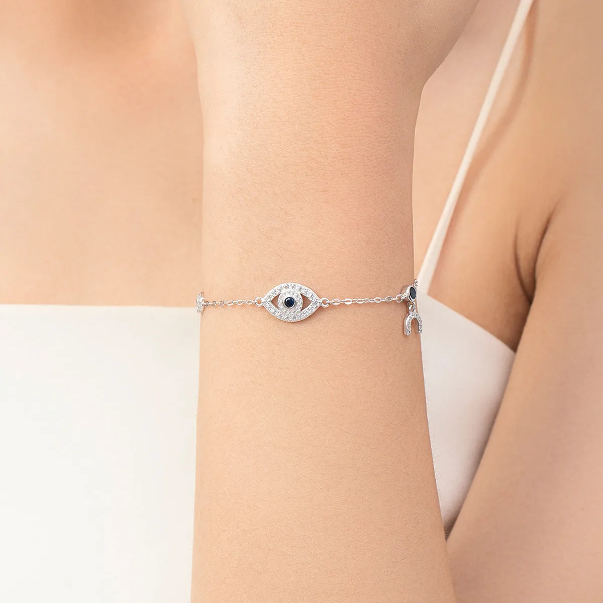 Sterling Silver Devil Eye Bracelet with Zircon Stones