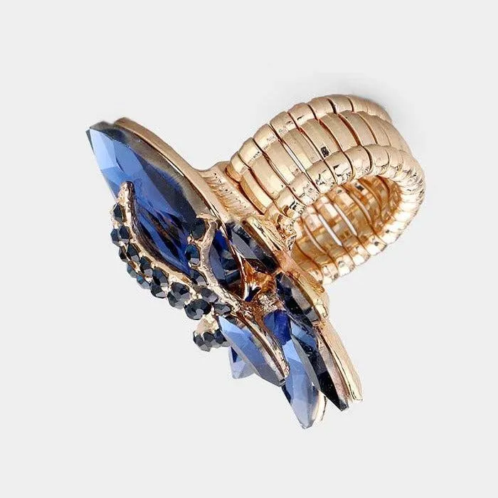 Teardrop Navy Blue Crystal Accented Cluster Stretch Ring