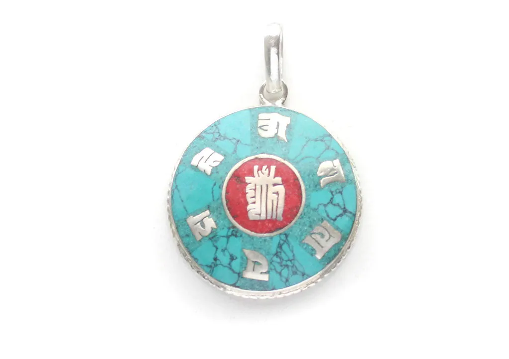 Tibetan Kalachakra White Metal Inlaid Pendant