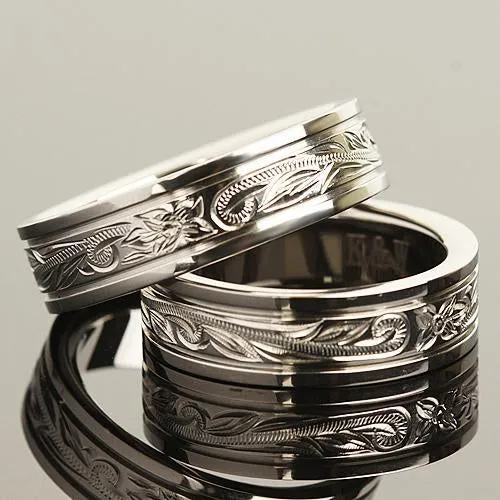 Titanium Hawaiian Scroll Engraved Line Edge Wedding Ring 6mm
