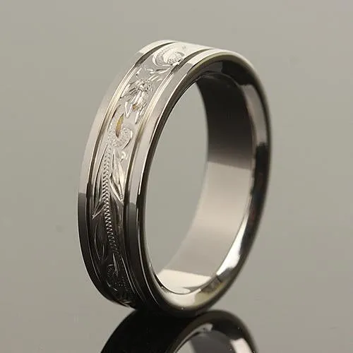 Titanium Hawaiian Scroll Engraved Line Edge Wedding Ring 6mm