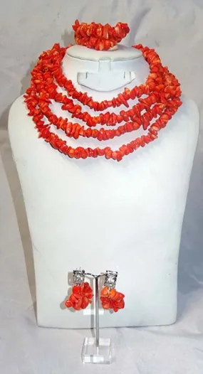 Traditional Coral African Beads Necklace Jewellery Set